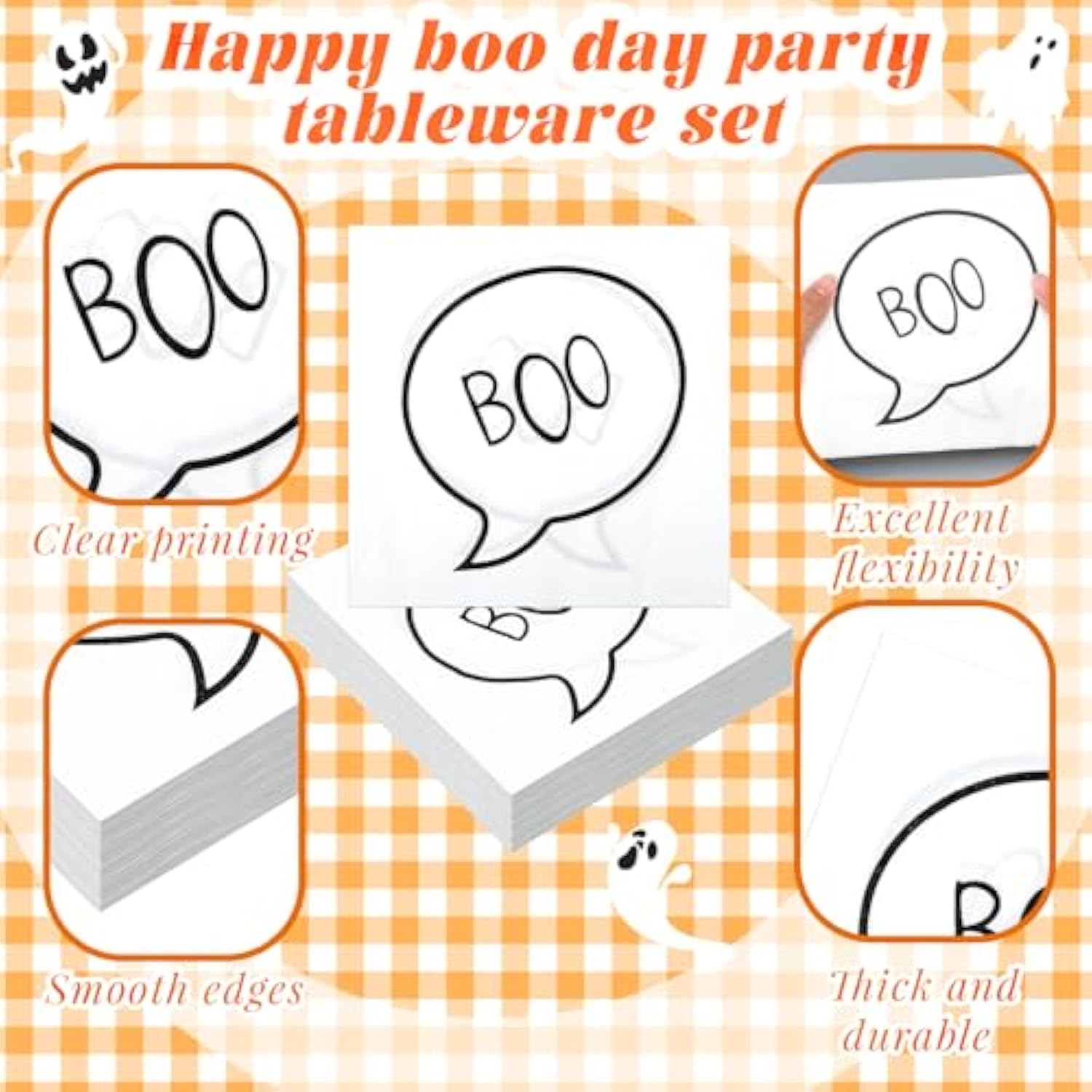 24 Set Halloween Party Tableware Paper Ghost Plates And Boo Napkins Plaid Cups Plastic Forks Knife For Halloween Party Supplies Spooky Baby Shower Happy Boo Day Birthday Decoration(Orange)