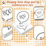 24 Set Halloween Party Tableware Paper Ghost Plates And Boo Napkins Plaid Cups Plastic Forks Knife For Halloween Party Supplies Spooky Baby Shower Happy Boo Day Birthday Decoration(Orange)