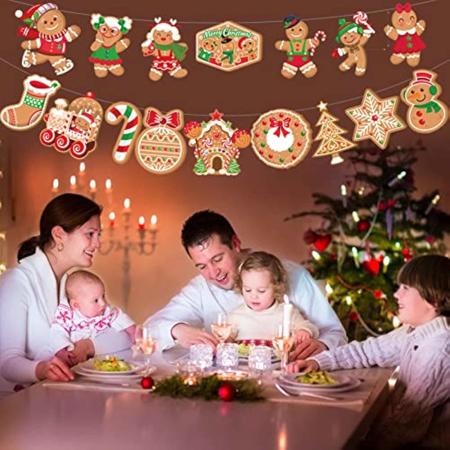 Christmas Gingerbread Man Hanging Banner, Merry Christmas Backdrop Banner-Snowflake, Christmas Tree, Candy Canes, Christmas Stockings Design Christmas Party Decorations Winter Home Ornament