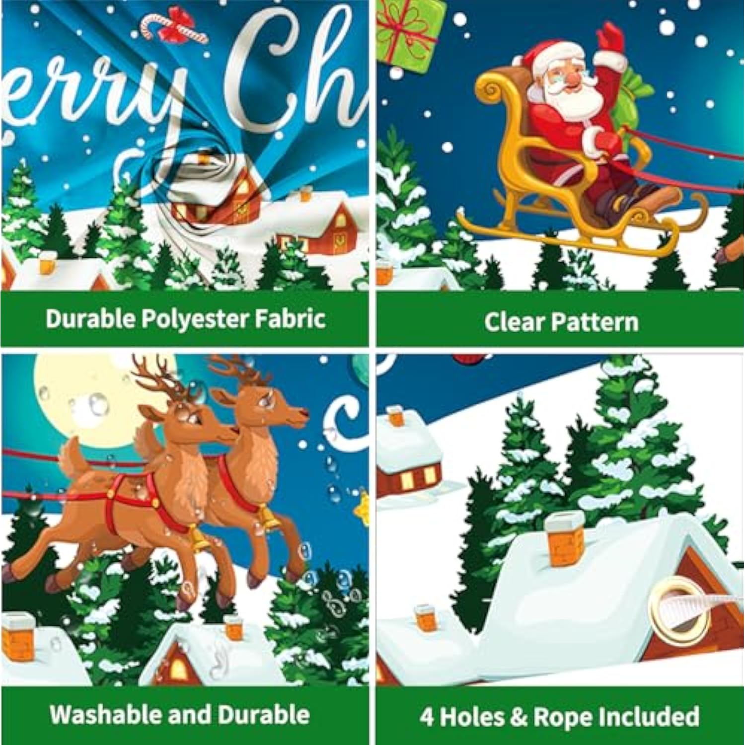 Christmas Banner Outdoor, Large Fabric Blue Merry Christmas Decorations With Santa Claus Reindeer Gifts Backgroud Banner, Xmas Yard Sign For Outside Fence Garden New Year Party Decor Supplies 210X40Cm