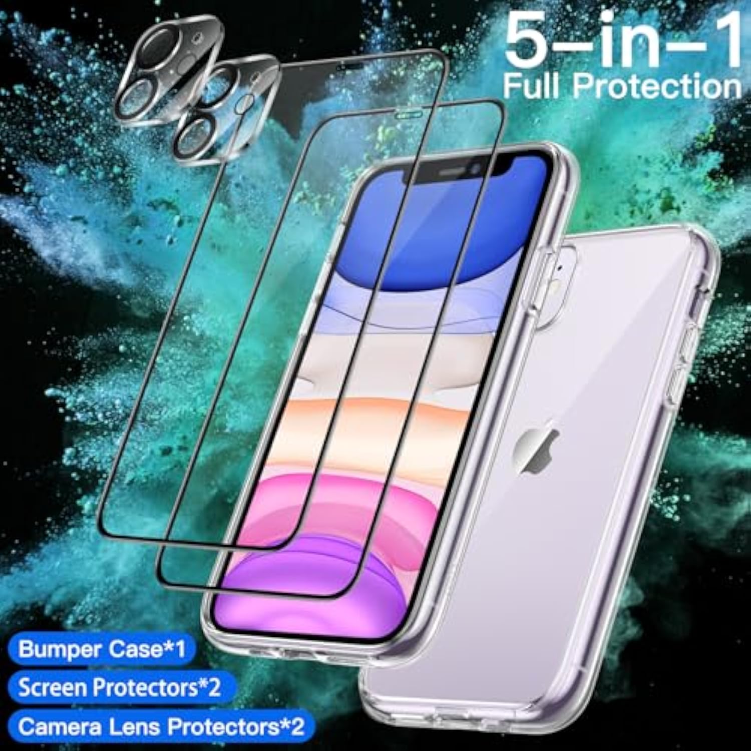 JETech 5 in 1 Case for iPhone 11 6.1-Inch, with 2-Pack Screen Protector and 2-Pack Camera Lens Protector, Non-Yellowing Shockproof Bumper Phone Cover, Full Coverage Tempered Glass Film (Clear)
