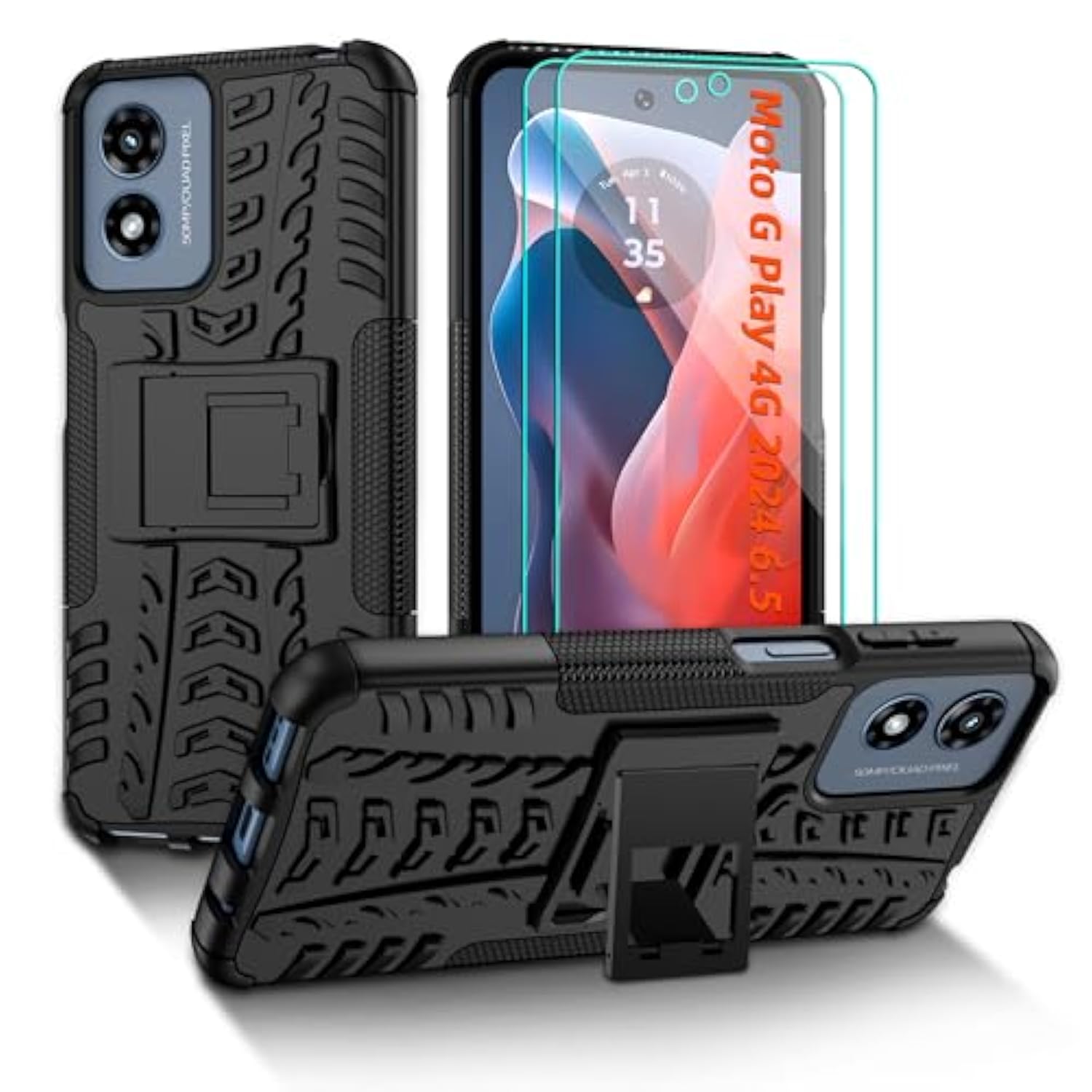 For Moto G Play 2024 Case With Kickstand And 2 Pack Hd Screen Protector [Military Grade Shockproof] Heavy Duty Robust Bumper Cover For Motorola Moto G Play 2024 4G Phone Case,Black