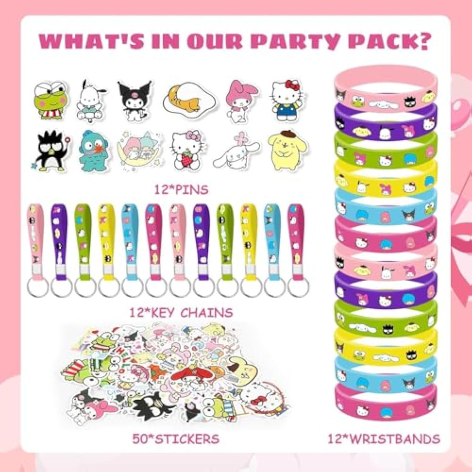 86Pcs Kitty Birthday Party Decorations Set Included 12 Bracelets, 12 Acrylic Pins, 12 Keychains, 50 Stickers, For Boys And Girls Cartoon Theme Party