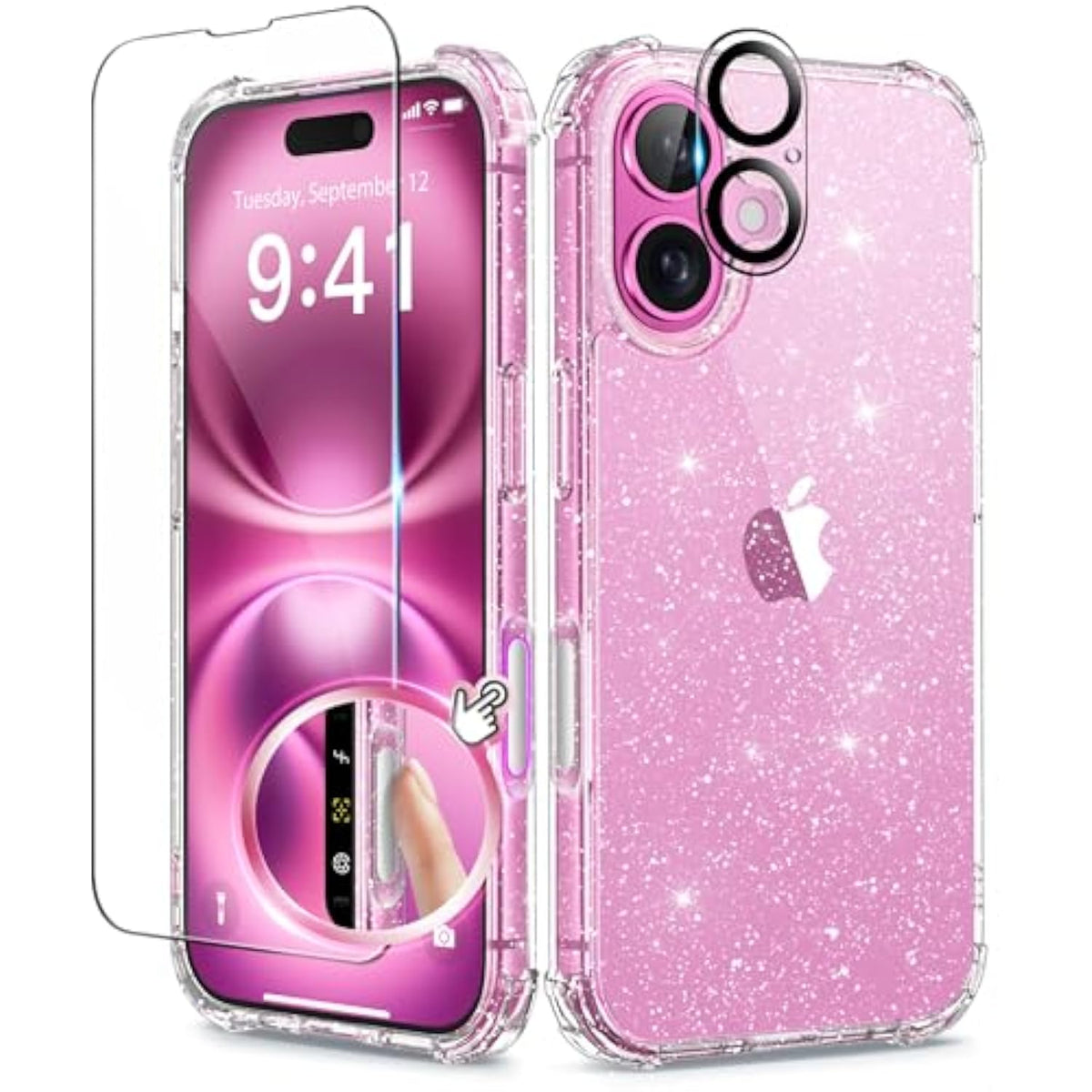 iPhone 16 Case with Glitter, Screen & Camera Protectors, Slim Shockproof Cover 6.1"
