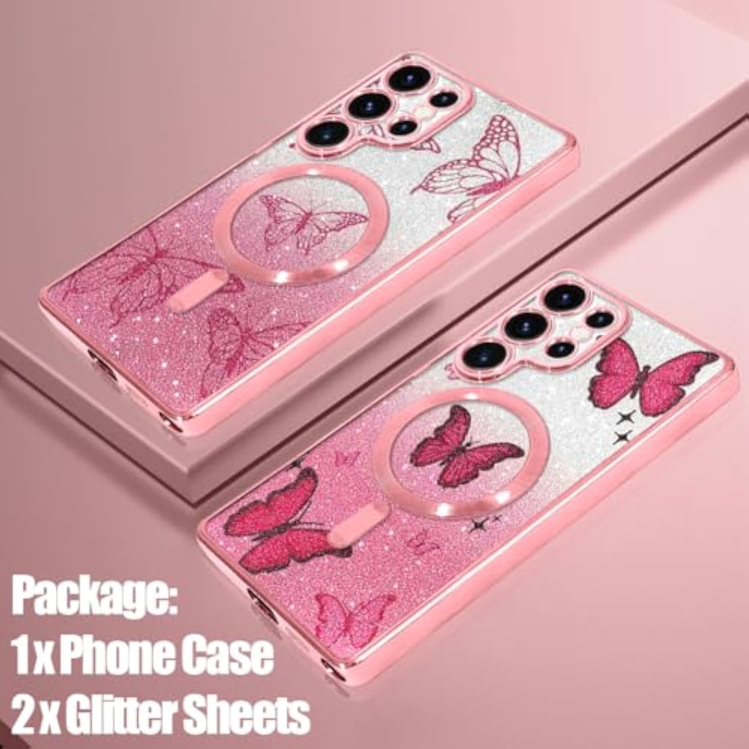 Case Fit For Samsung Galaxy S25 Ultra 6.9 Inch [Compatible With Magsafe] Glitter Bling Case [2 Pieces Of Butterfly Design Insert] Soft Tpu Shockproof Anti-Scratch Phone Cover For Women - Pink