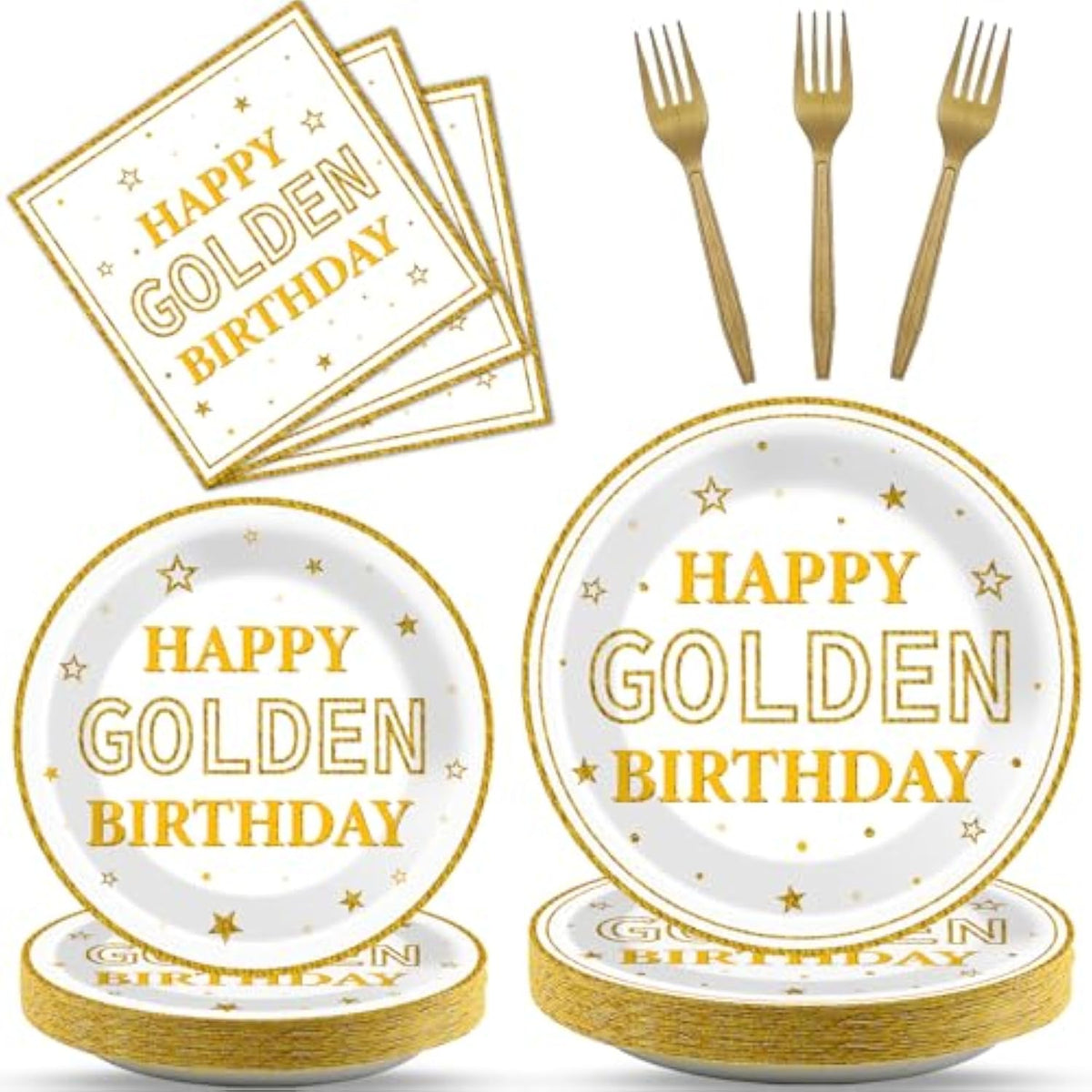 96Pcs Gold Birthday Party Tableware Set – Plates, Napkins & Decor for 24 Guests