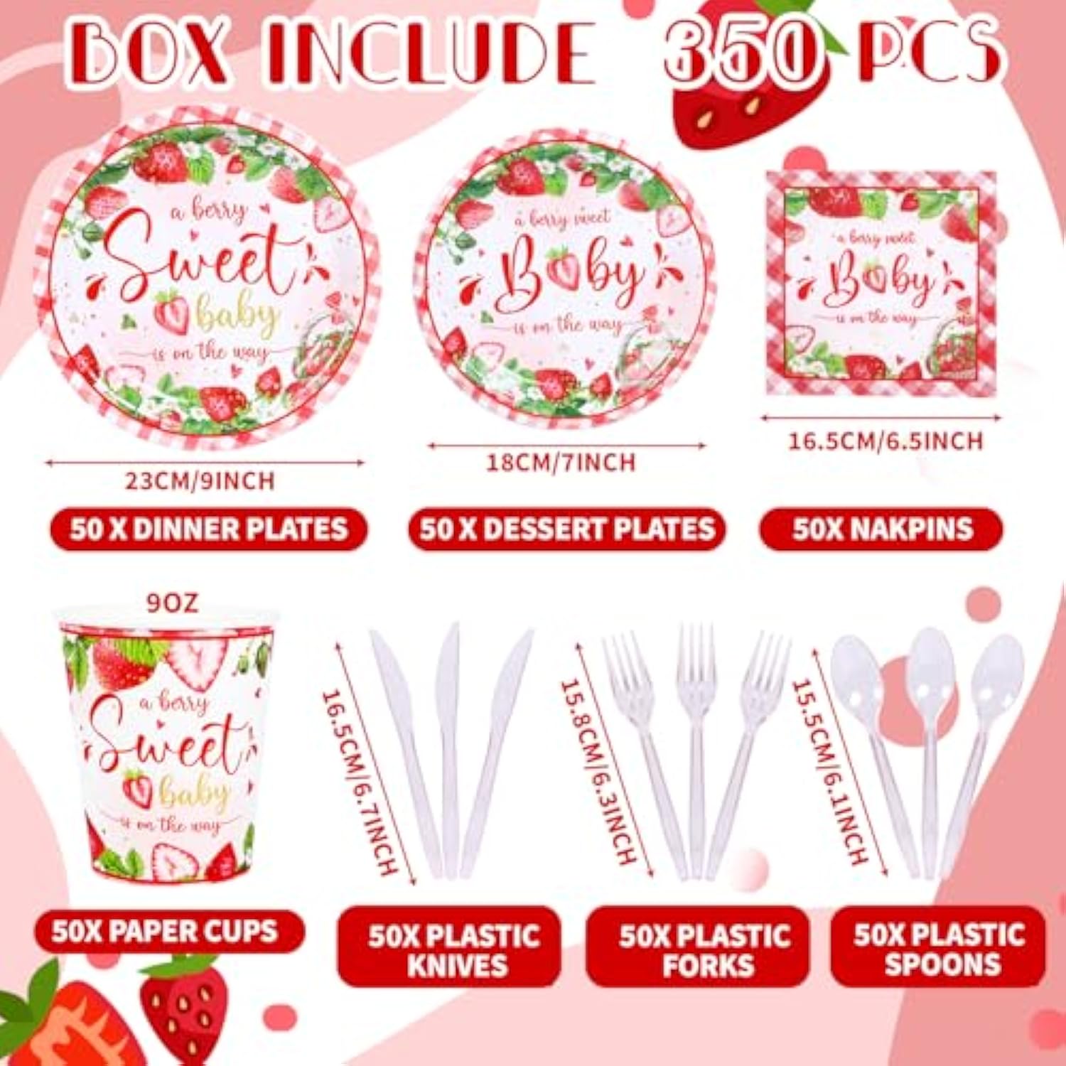 350 Strawberry Baby Shower Decorations For 50 Guests A Berry Sweet Baby Is On The Way Party Supplies For Girls Disposable Dinnerware Set Paper Plates Napkins Cups