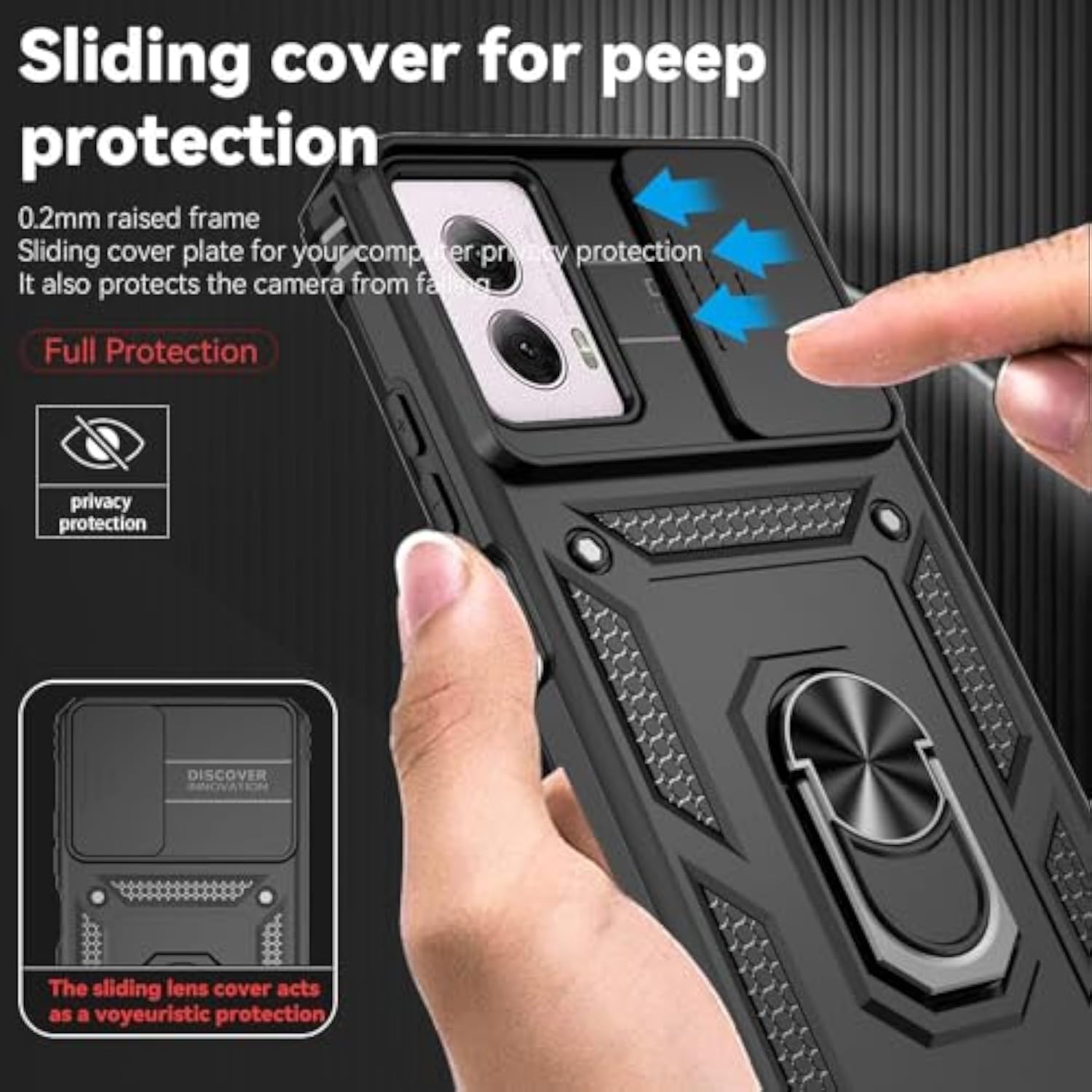 Motorola G Power 2024 5G Phone Case with Sliding Camera Lens Cover and 360° Rotatable Kickstand Ring, Black