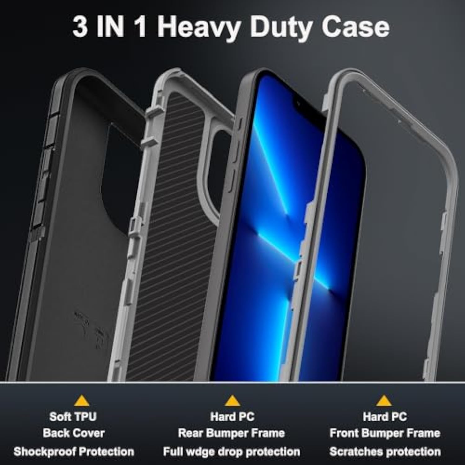 For Iphone 13 Pro Max Case With 2Pcs Tempered Glass Screen Protector And 1Pcs Camera Lens Protector, Military Grade 3 In 1 Heavy Duty Shockproof/Drop Proof/Dust Proof Case (Black/Grey)