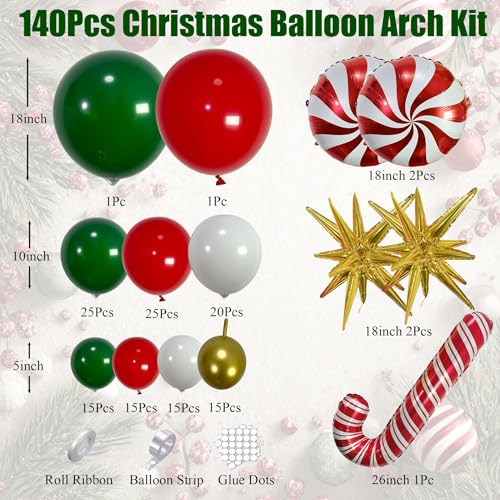 Christmas Balloon Arch Kit, Red Green Gold White Balloon Garland with Star Candy Cane Foil Balloons for Xmas Party