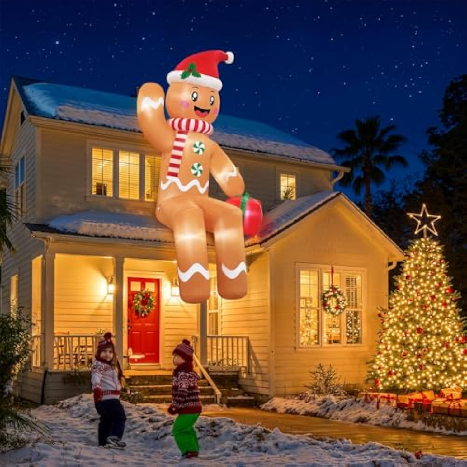 10Ft Christmas Inflatable Outdoor Decoration, Sitting Waving Gingerbread Inflatables Outdoor Decorations With Built-In L