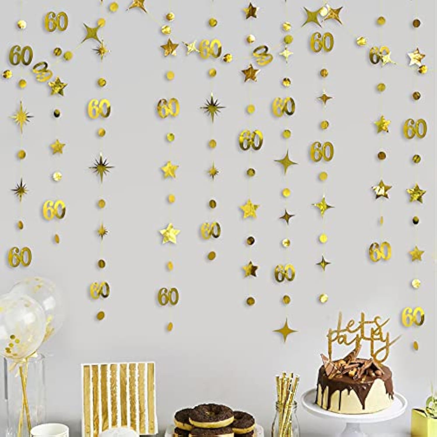 Gold 60th Birthday Garland – Metallic Stars & Dot Streamer for Anniversary Party"