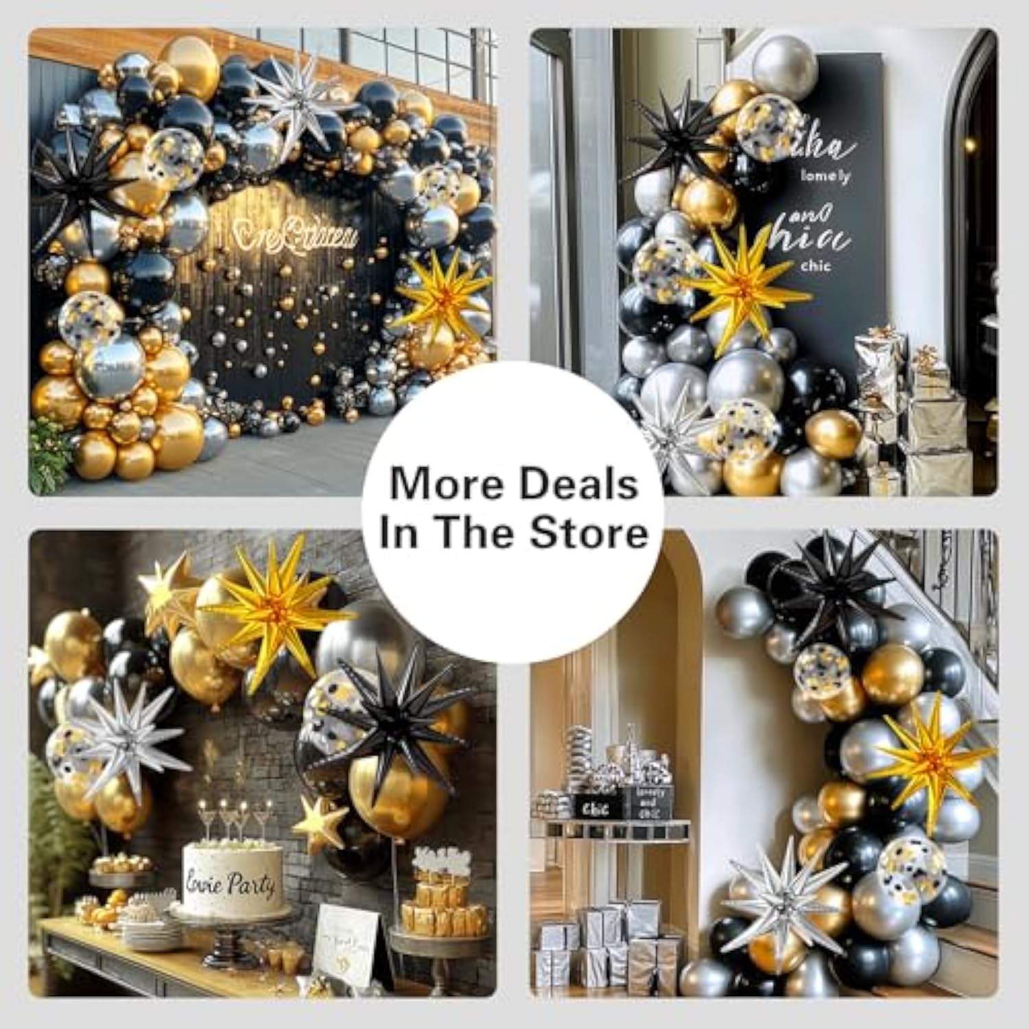 137-Pc Black, Gold & Silver Balloon Arch Kit with Stars for Parties