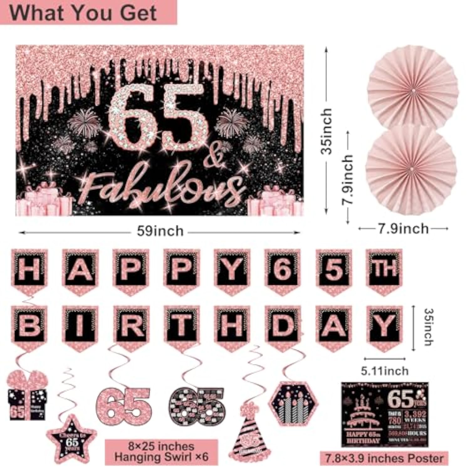 65Th Birthday Decorations For Women,32Pcs 65Th Birthday Party Decorations,Including Backdrop, Crown, Sash, Banner, Hanging Swirl,Cake Topper,Balloons,Paper Fans,Anniversary Card And Paper Fans