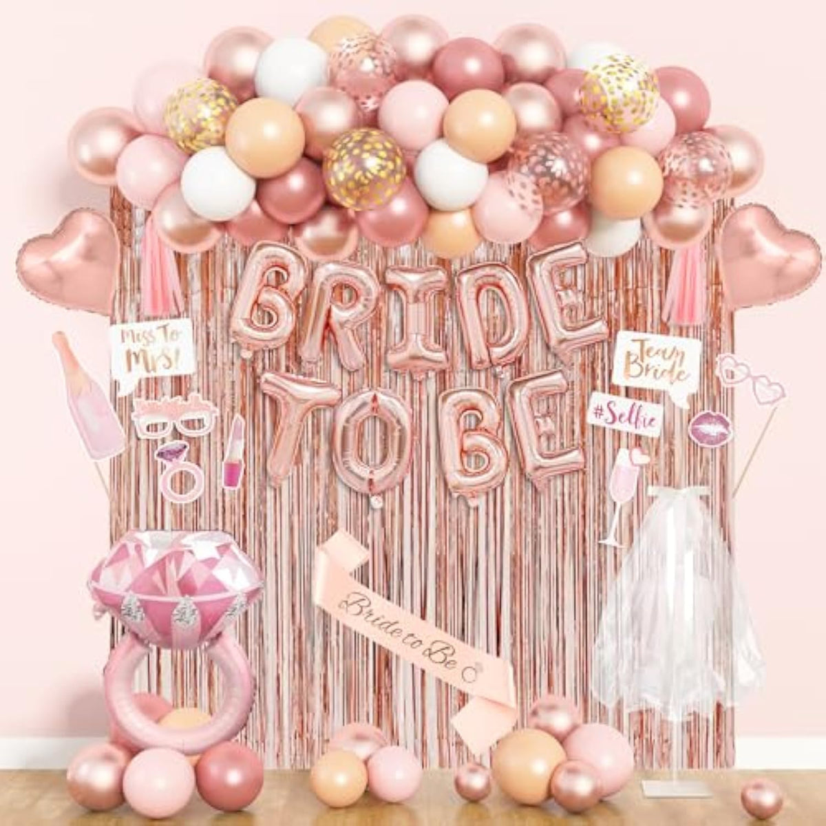 Bachelorette Party Decorations Supplies, Rose Gold Bridal Shower Decorations Bride To Be Pink White Gold Confetti Foil Heart Balloons, Veil, Photo Booth Props, Fringe Curtains, Paper Tassels