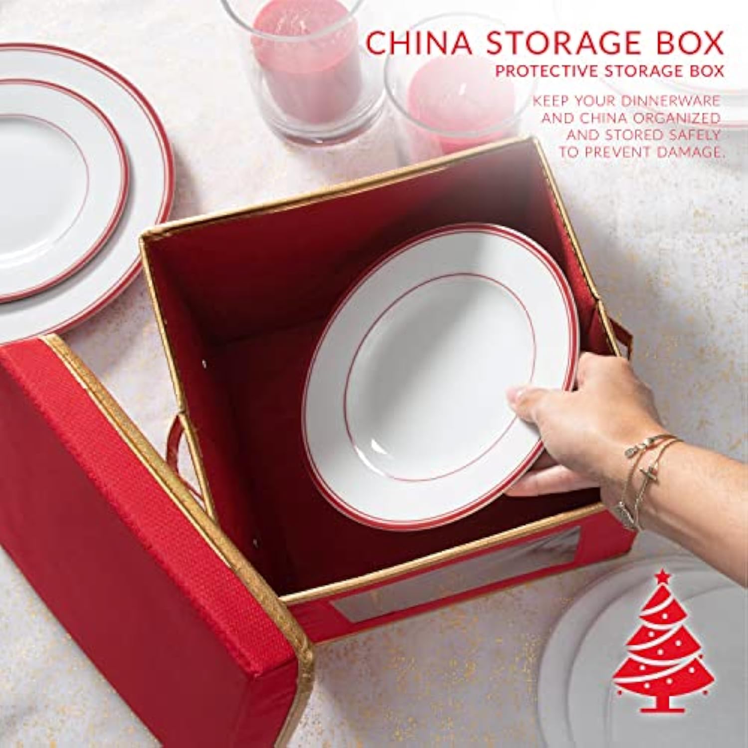 Holiday Salad Plate Dinnerware Storage Box | 9.45 Inch | Christmas China | 12 Felt Dividers | Tableware Setting | Red