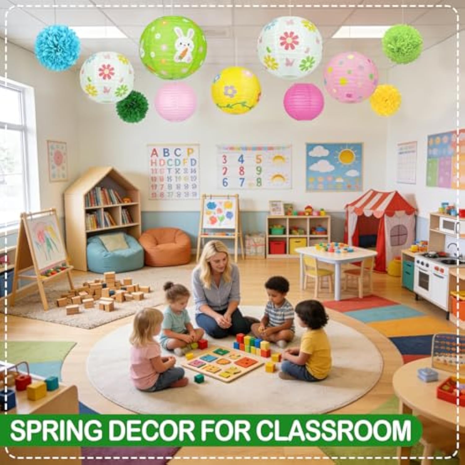 Spring Hanging Decorations – 14 Pack Pastel Bunny & Daisy Paper Lanterns, Pom Poms & Fans – Spring Decorations For Classroom, Office, Birthday