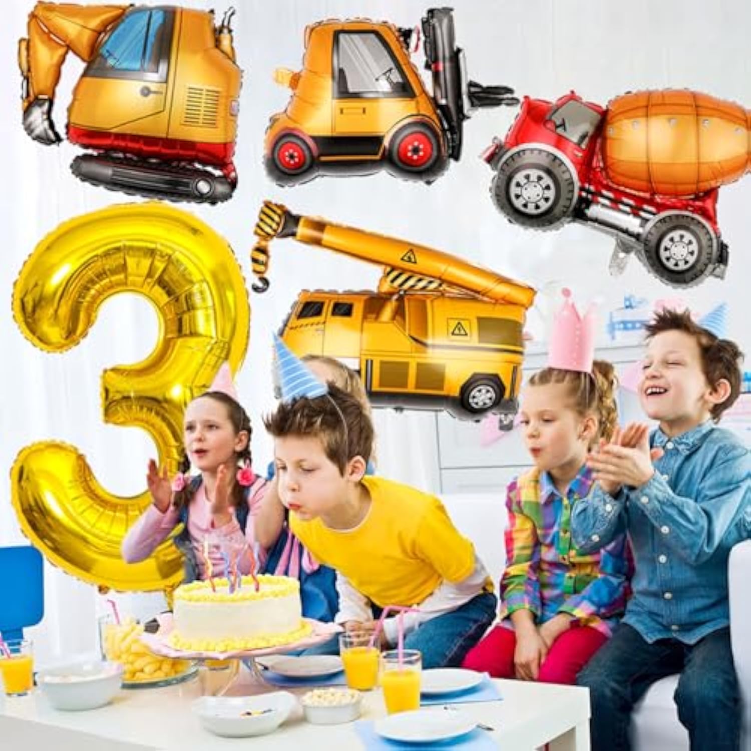 Construction Birthday Party Set 40" Gold Number 3 & Truck Foil Balloons