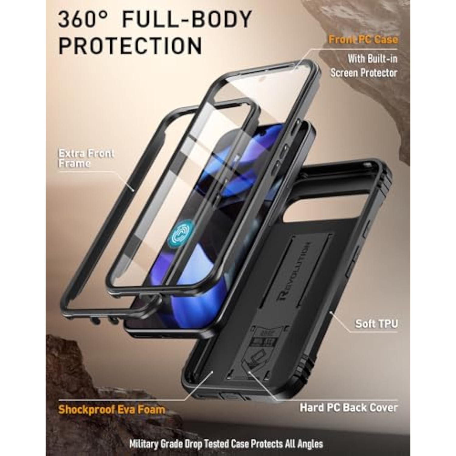 Revolution Case For Google Pixel 9/9 Pro 5G, Built-In Screen Protector Work With Fingerprint Id, Full Body Military Grade Rugged Shockproof Protective Cover Case With Kickstand, Black