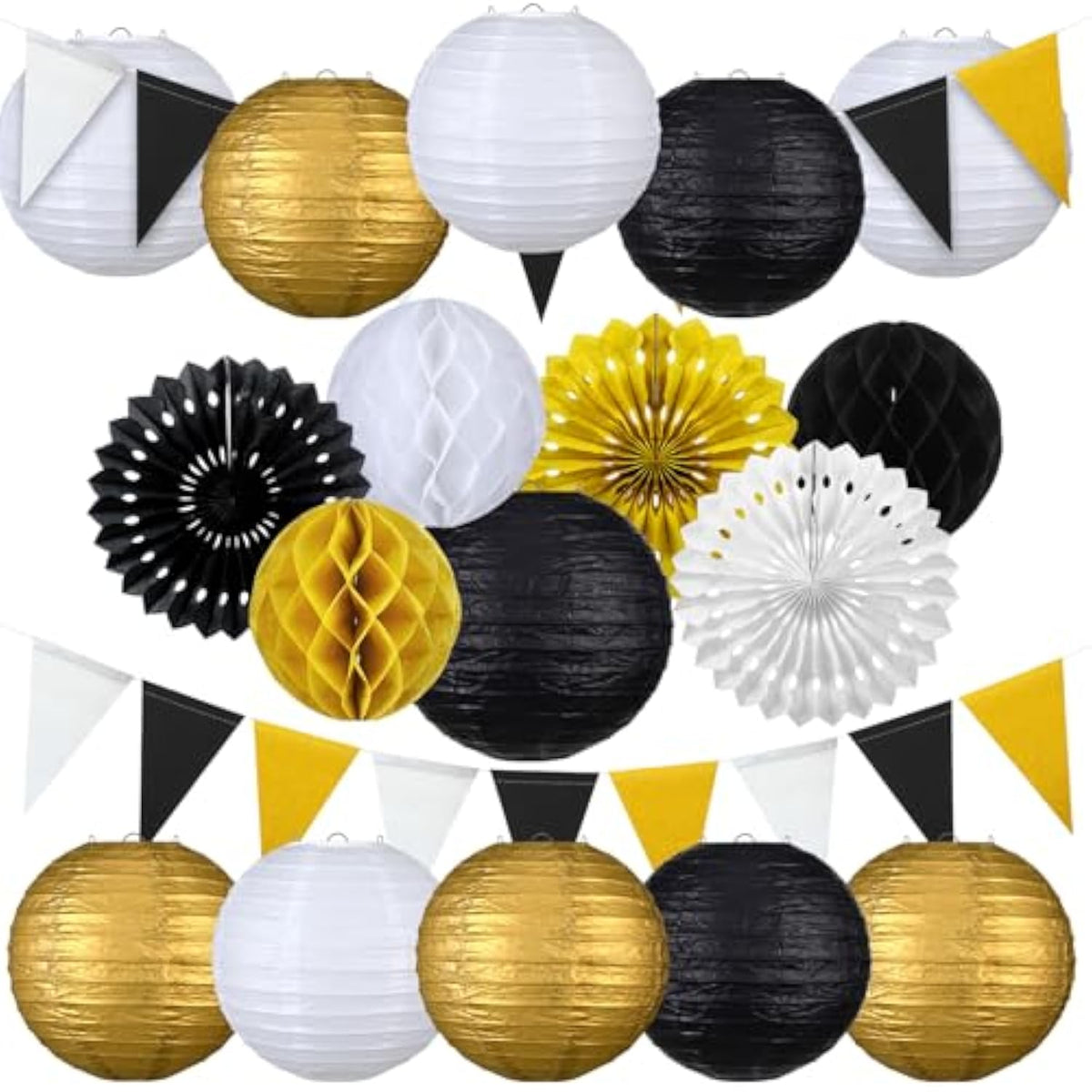 20-Pack New Year 2026 Party Decorations Black Gold Lanterns Fans Honeycomb Flags