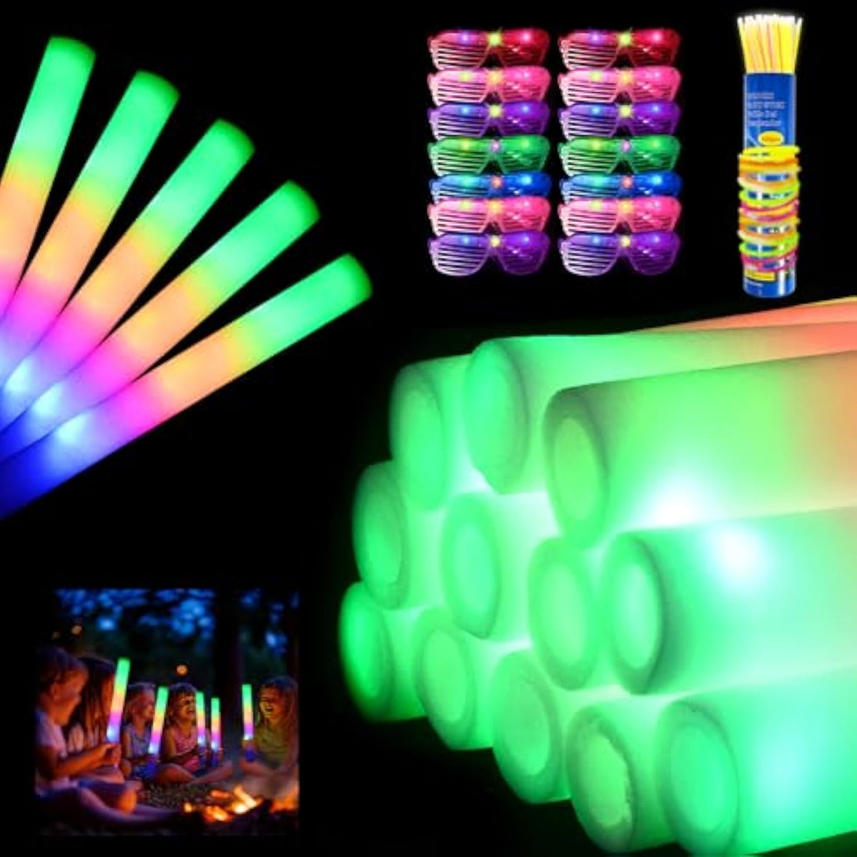 136-Piece Glow Party Supplies Kit: 24 Foam Glow Sticks, 12 Led Glasses & 100 Glow Sticks For Weddings, Raves, Concerts - Bulk Light Up Party Accessories.