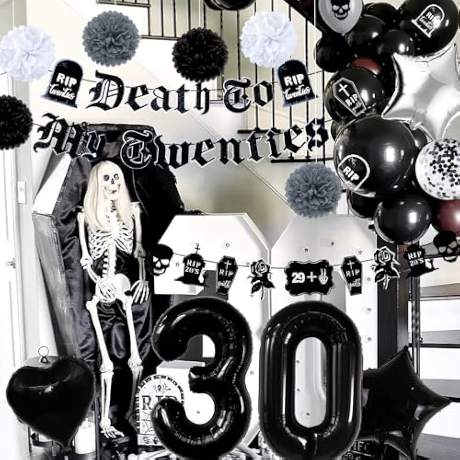 30Th Birthday Decorations Pack, Death To My 20S Party Supplies Including Birthday Banner Rip To My 20S Sash Number 30 Balloon Cake Cupcake Toppers Funeral For My Youth Funny Thirtieth Birthday Party