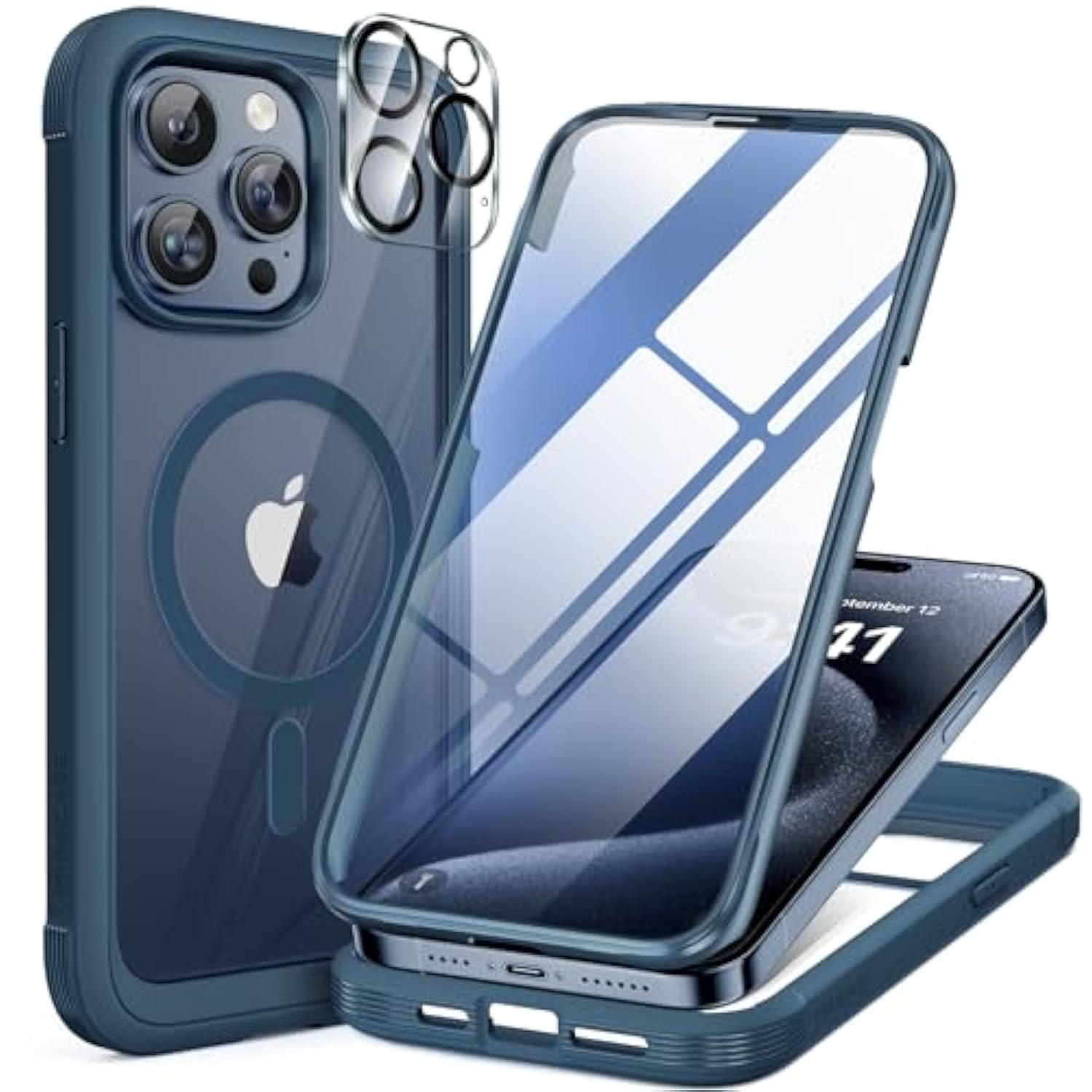 iPhone 15 Pro Max Magnetic Full-Body Case with 9H Screen Protector Blue