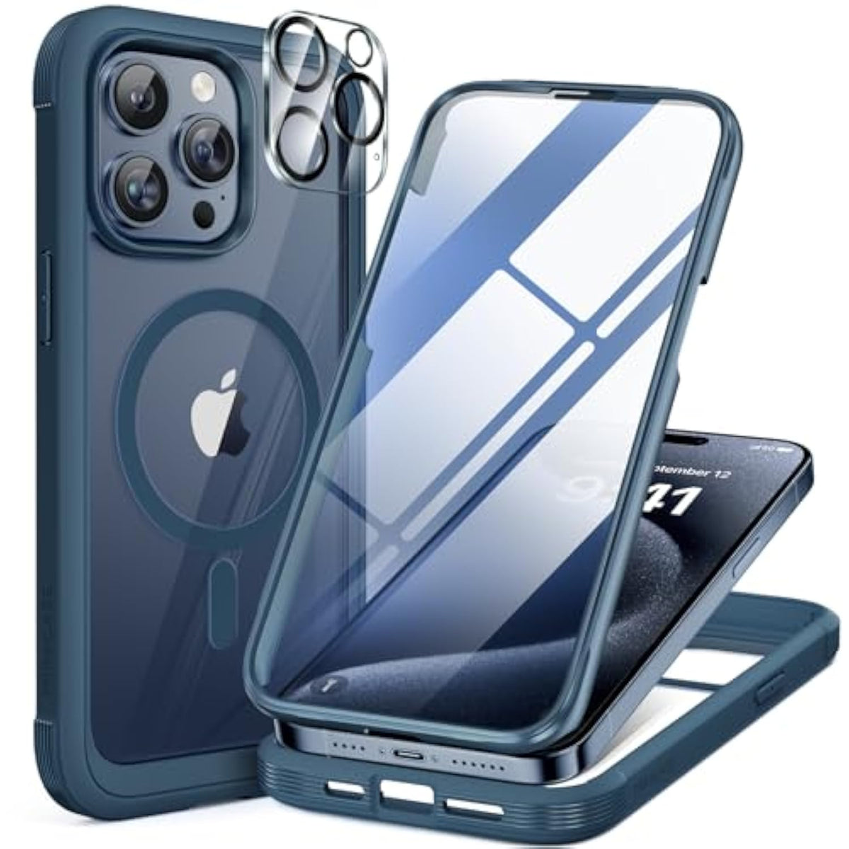 iPhone 15 Pro Max Magnetic Full-Body Case with 9H Screen Protector Blue