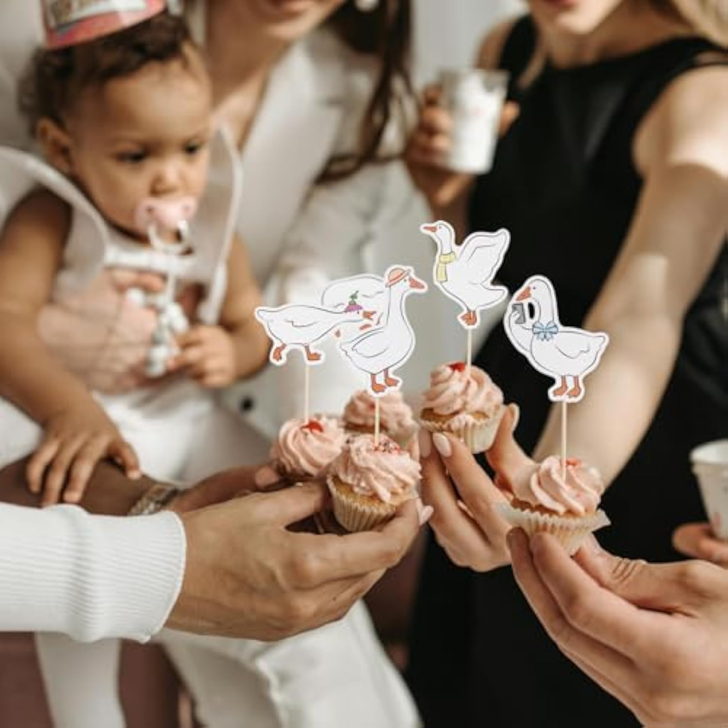 24 Pcs Silly Goose Cupcake Toppers, Cute White Goose Birthday Cake Decorations For Kids Birthday Party Supplies Baby Shower Animal Theme Cake Decor