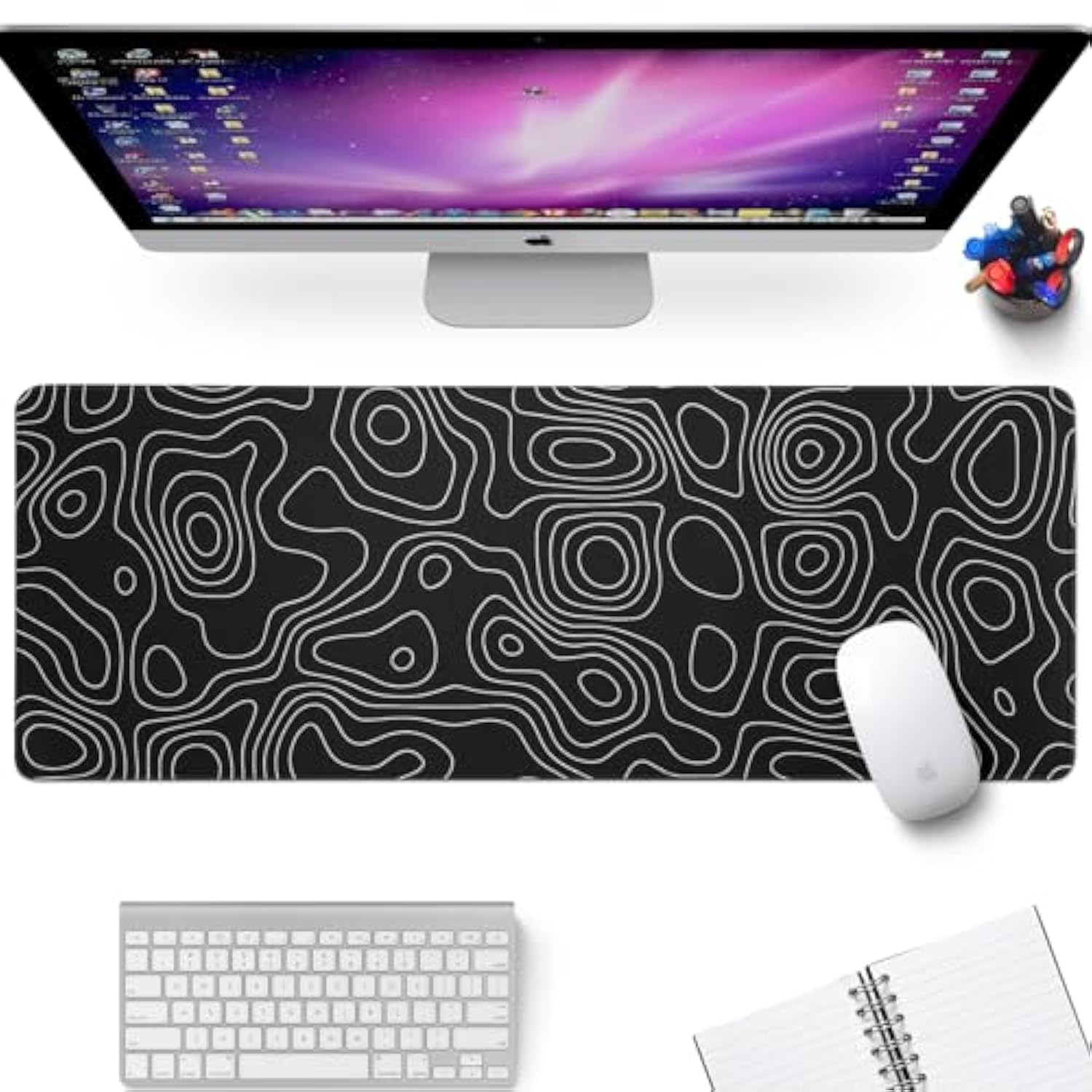 Black Topography Contour Gaming Mouse Pad Large Anime Topographic Map Mousepad Extended Mouse Pad Gaming Big Desk Pad Keyboard Pad With Stitched Edge Non-Slip Rubber Base