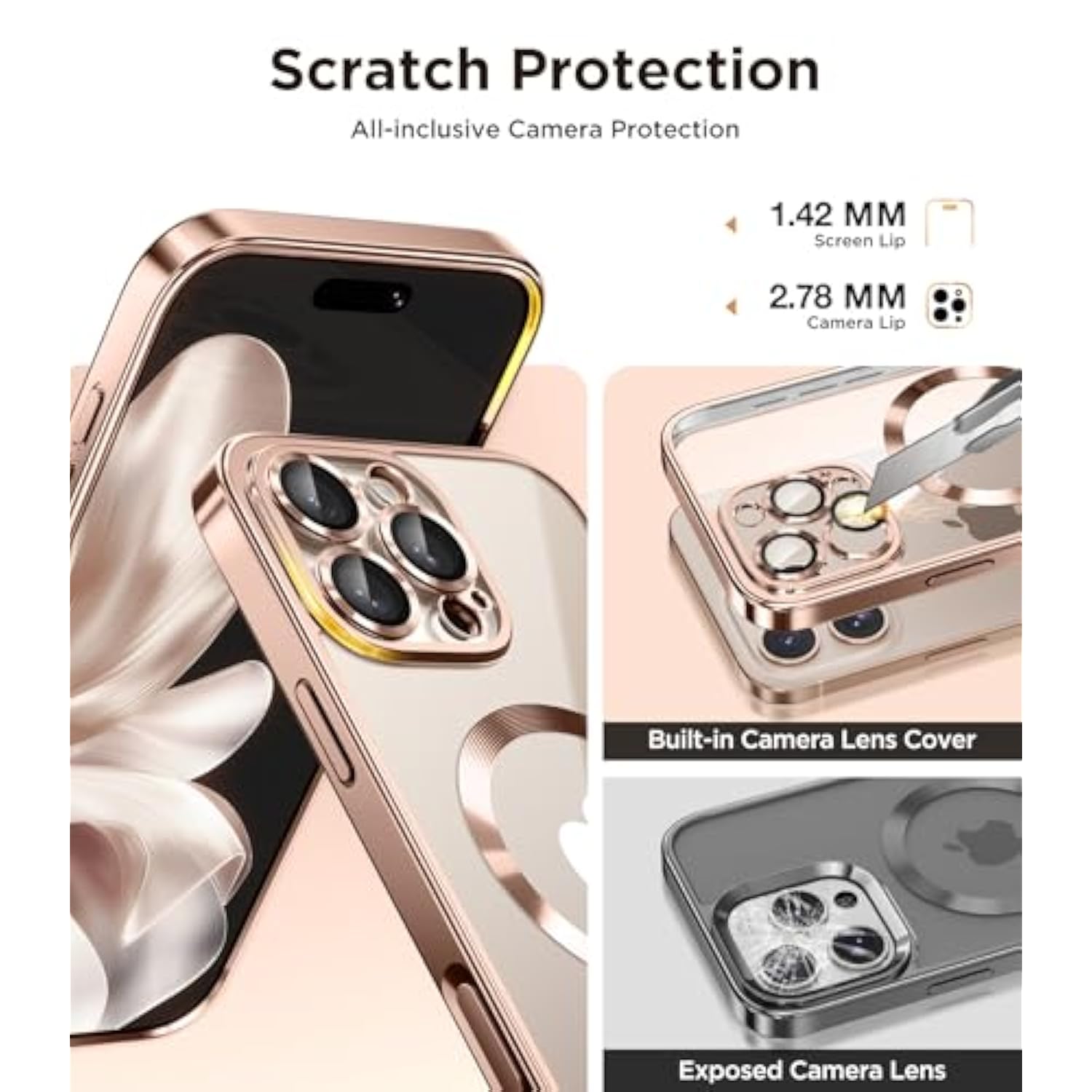 Magnetic For Iphone 16 Pro Case With Camera Control Button, Compatible With Magsafe, [Built-In Camera Cover][Privacy Screen Protector] Women Plating Phone Case For Iphone 16 Pro (Rose Gold/Clear)