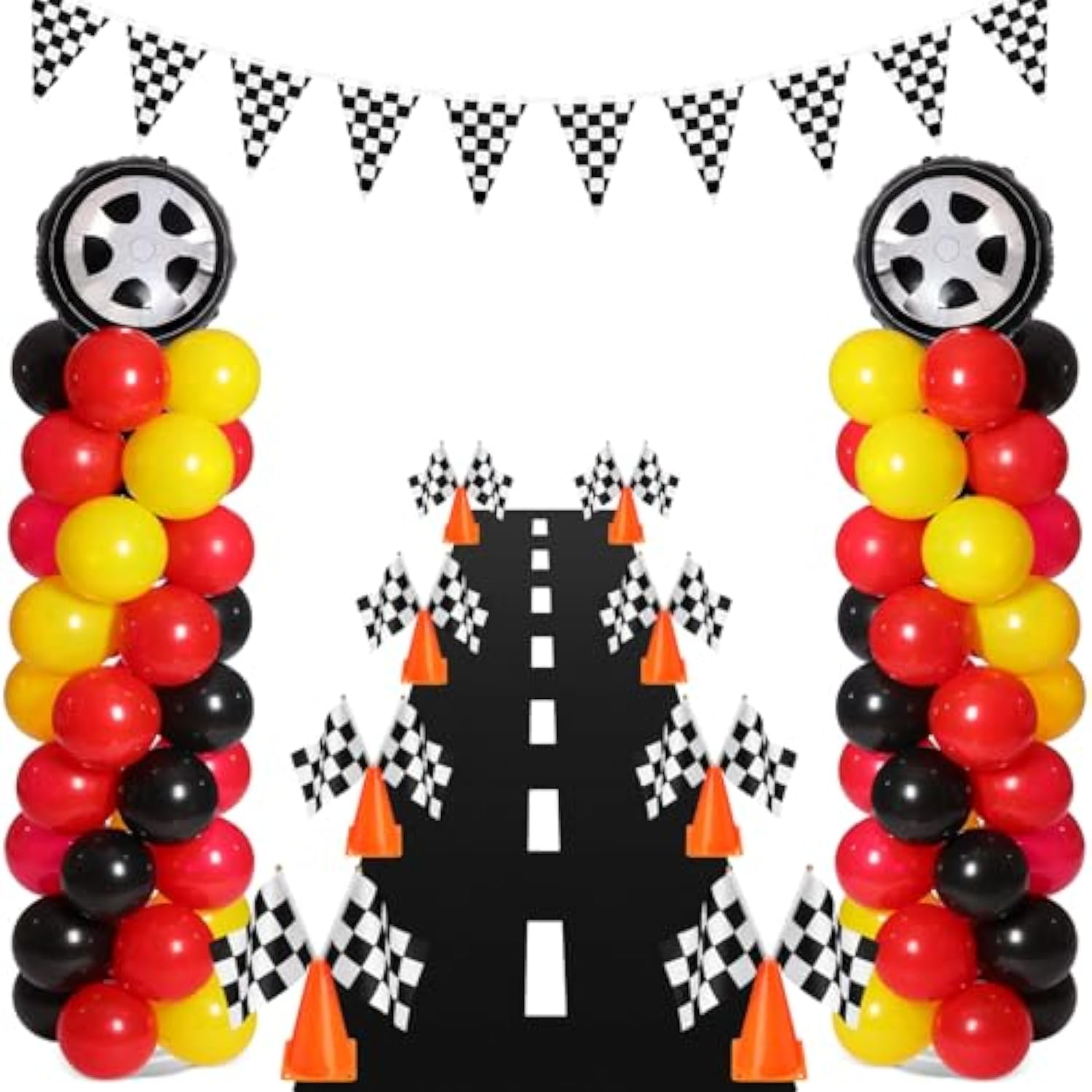 159 Pcs Race Car Birthday Party Decorations Includes 129 Traffic Lights Balloon Stand Set 2 Inflatable Wheel Tire 8 Traffic Cones Racing 16 Waving Flags 1 Grid String Flags 1 Racetrack