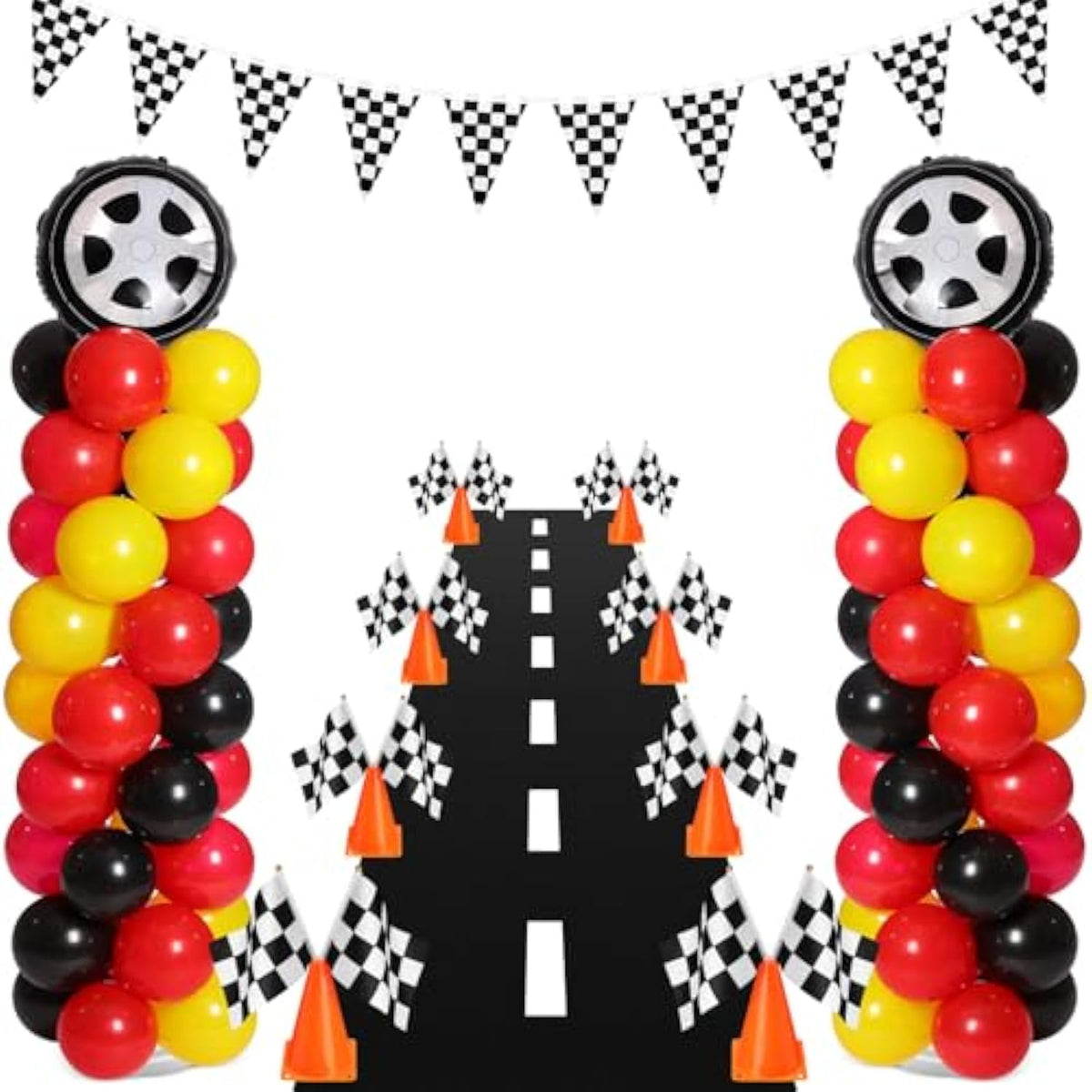 159 Pcs Race Car Birthday Party Decorations Includes 129 Traffic Lights Balloon Stand Set 2 Inflatable Wheel Tire 8 Traffic Cones Racing 16 Waving Flags 1 Grid String Flags 1 Racetrack