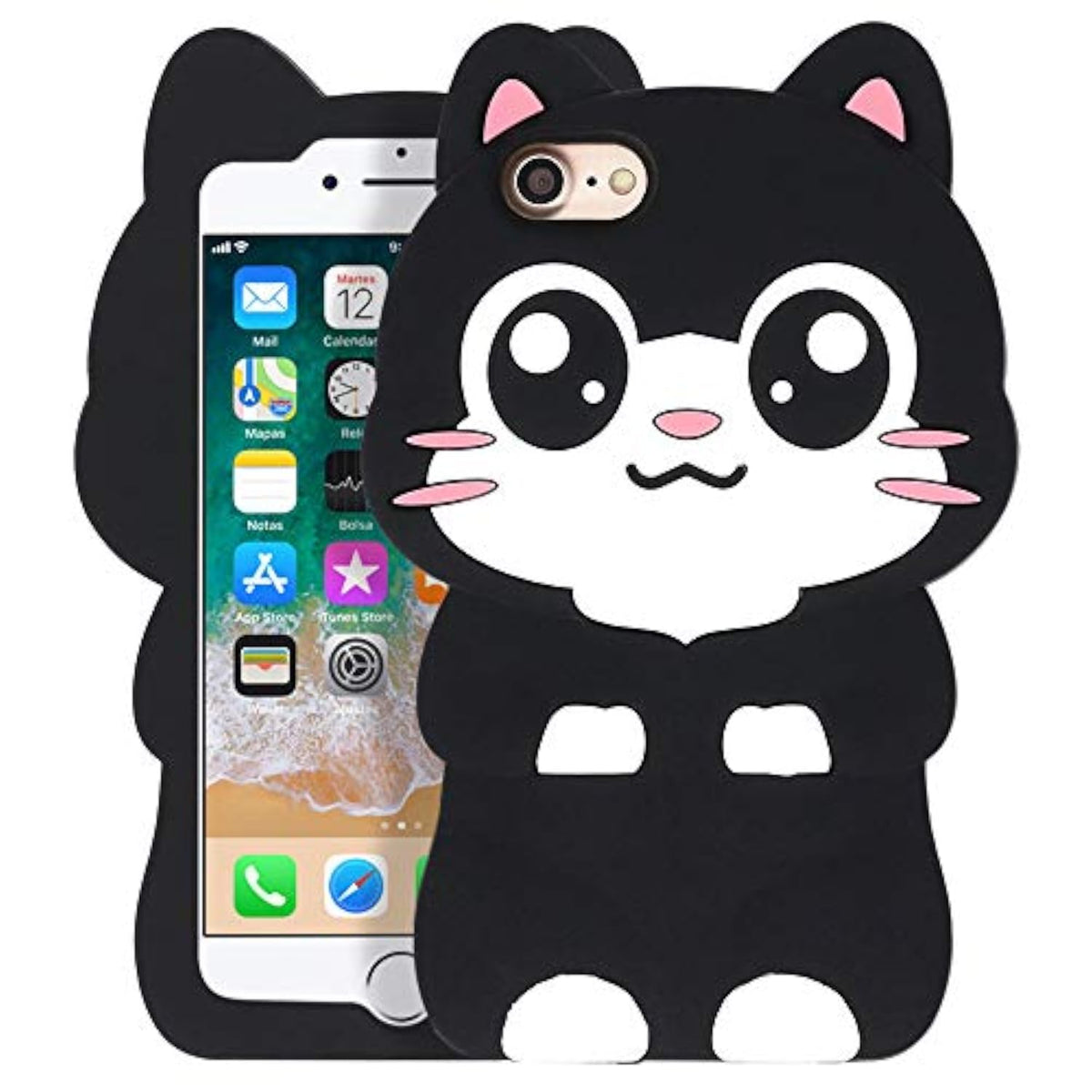 Kawaii Big Eye Kitty 3D Cartoon Animal Soft Silicone Phone Case for iPhone 7, 8, SE 2020, SE 2022 - Black Cat Design, Funny and Cute Protection Cover for Girls and Women
