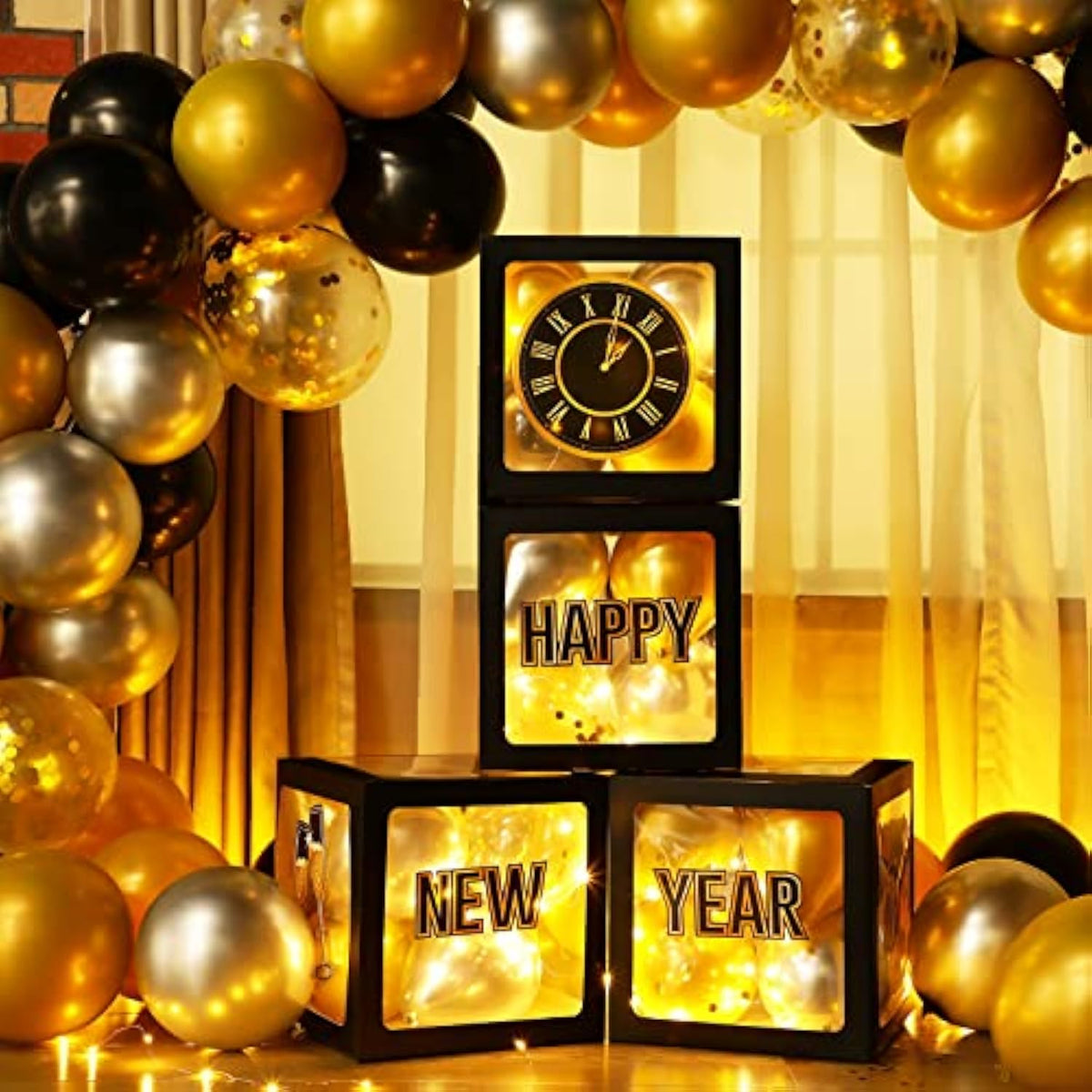 51pcs New Year 2026 Party Kit Black Gold Balloons LED Decor