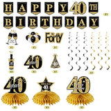 40Th Birthday Banner Decorations For Men Women, 10Pcs Happy 40 Birthday Banner Honeycomb Centerpiece Swirls Kit, Black Gold Forty Bday Ceiling Table Topper Sign Party Supplies
