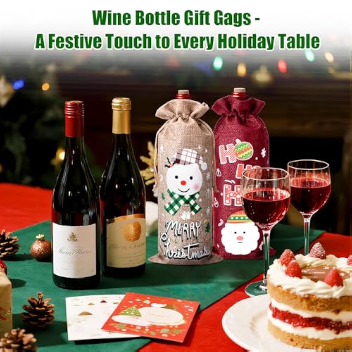12 Pcs Christmas Wine Bottle Gift Bags With Drawstring, Burlap Wine Gift Bags With 12 Assorted Holiday Designs For Xmas Party Decorations