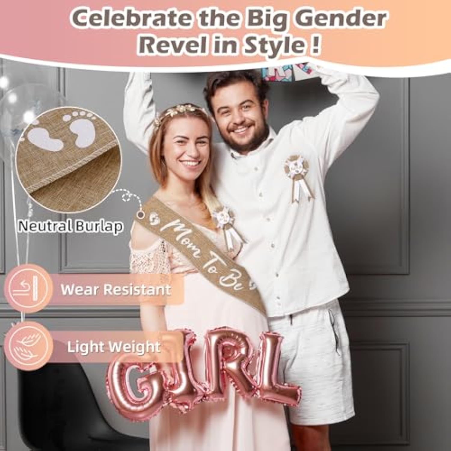 Mom To Be Sash Neutral Baby Shower Decorations, Rustic Boho Mommy To Be Sash Baby Shower Corsage Dad To Be Pin And Flower Crown, Burlap