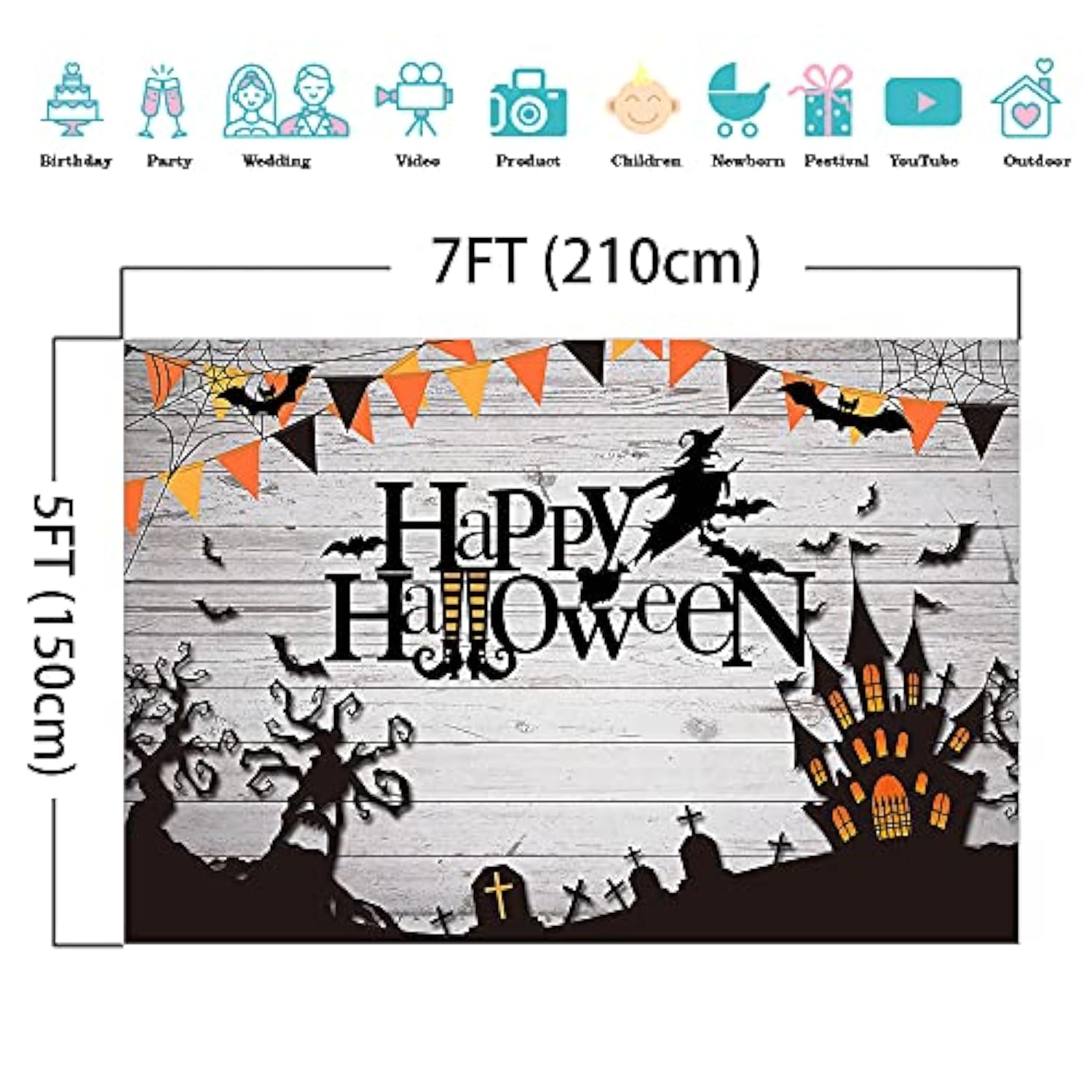 Happy Halloween Backdrop 7x5ft Spider Web Witch Bats Photo Booth Party Decor