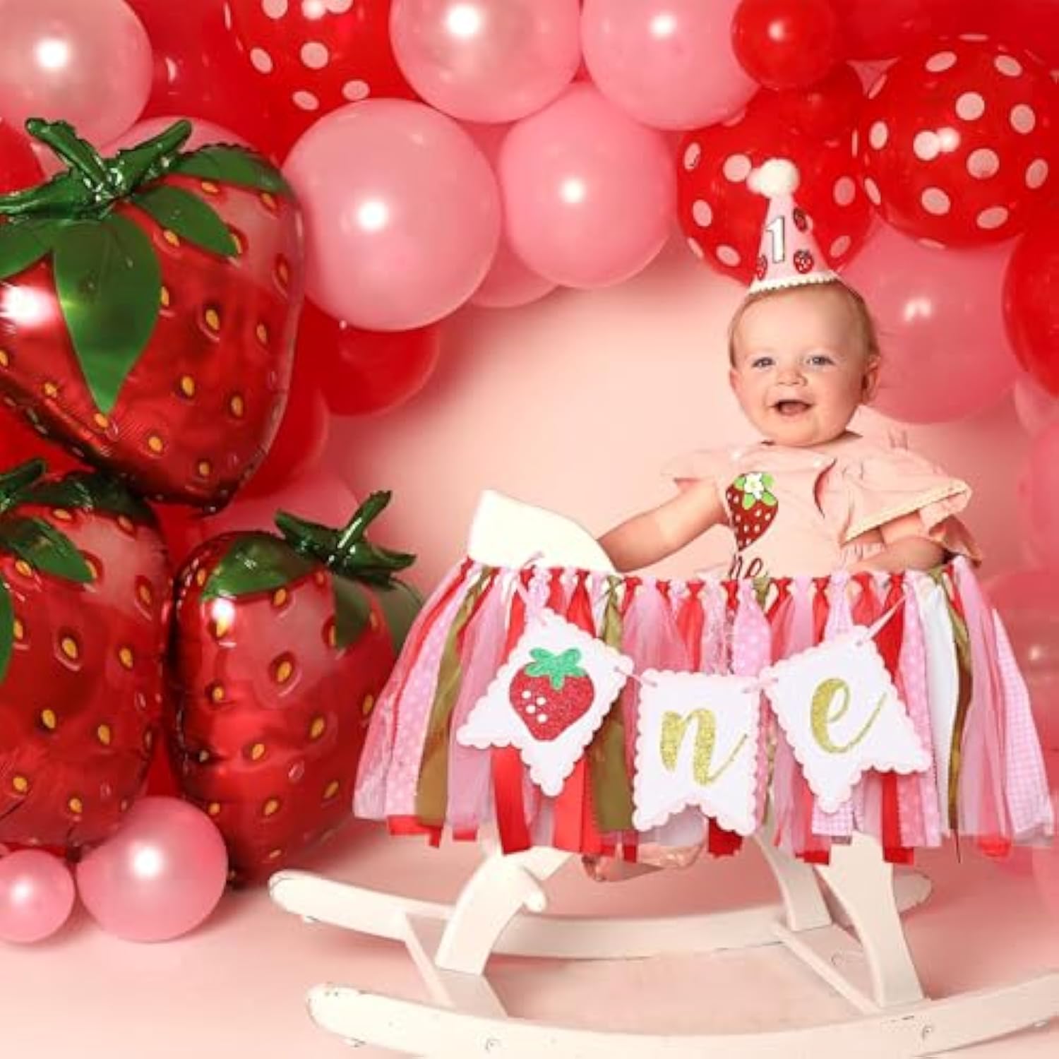Strawberry First Birthday High Chair Banner Mylar Balloons Strawberry First Birthday Decorations Sweet One Party Supplies Photo Prop