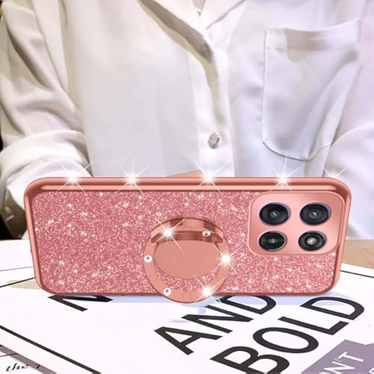 For 6.7-Inch Motorola Moto Edge 5G 2025 Phone Case Girls Women Cute Glitter Luxury Soft Silicone Clear Case With Ring Stand Strap Lanyard Shockproof Protection Cover - Rose Gold