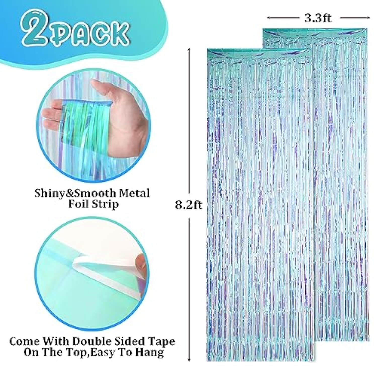 2-Pack Neon Iridescent Foil Fringe Backdrop Curtains 3.3x8.2ft Party Decor