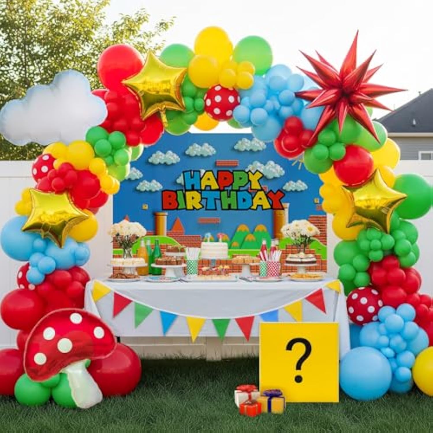 Super Bros Party Decorations With Balloon Arch Kit Polka Dot Printed Balloon Cloud Mushroom Star Balloons Banner Birthday Backdrop For Cartoon Video Game Theme Birthday Party Supplies