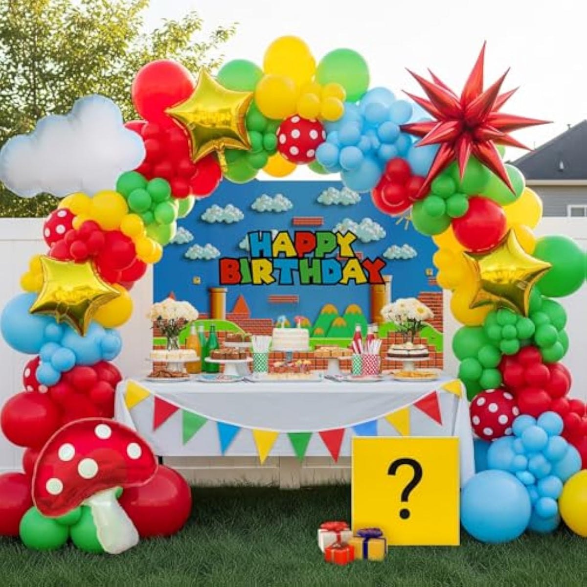 Super Bros Party Decorations With Balloon Arch Kit Polka Dot Printed Balloon Cloud Mushroom Star Balloons Banner Birthday Backdrop For Cartoon Video Game Theme Birthday Party Supplies