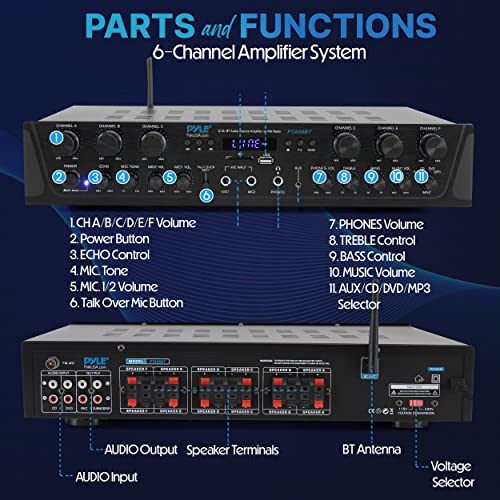 Home Audio Amplifier with Bluetooth - 6 Channel 600 Watt Peak Power, Karaoke with Echo, 2 Mic Input with Talkover, Headphone In, USB A MP3 Player