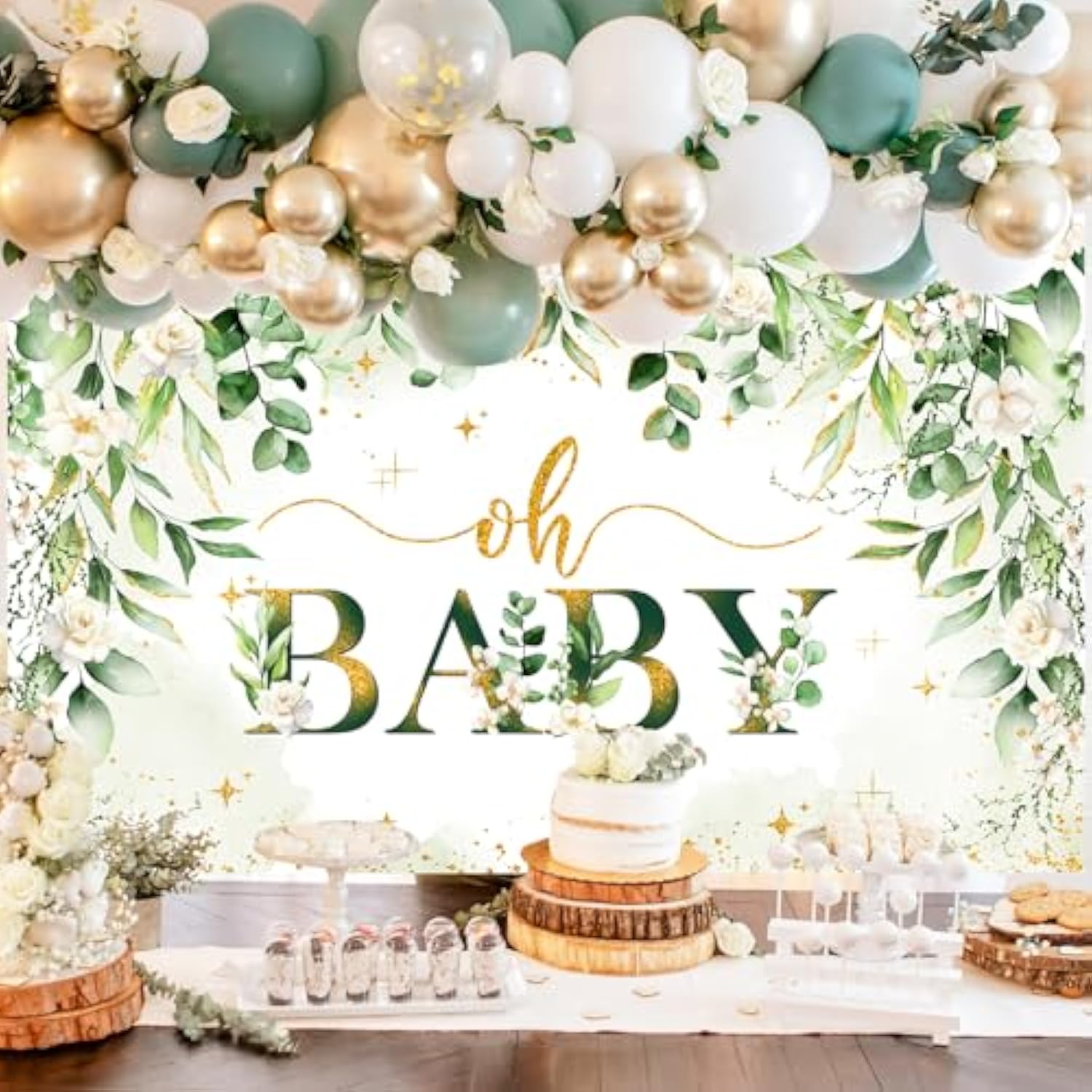 Greenery Boy Baby Shower Decorations Banner Floral Green Sage Oh Baby Backdrop Gold Glitter Greenery Leaves Gender Neutral Baby Shower Decorations (6X3.6Ft)