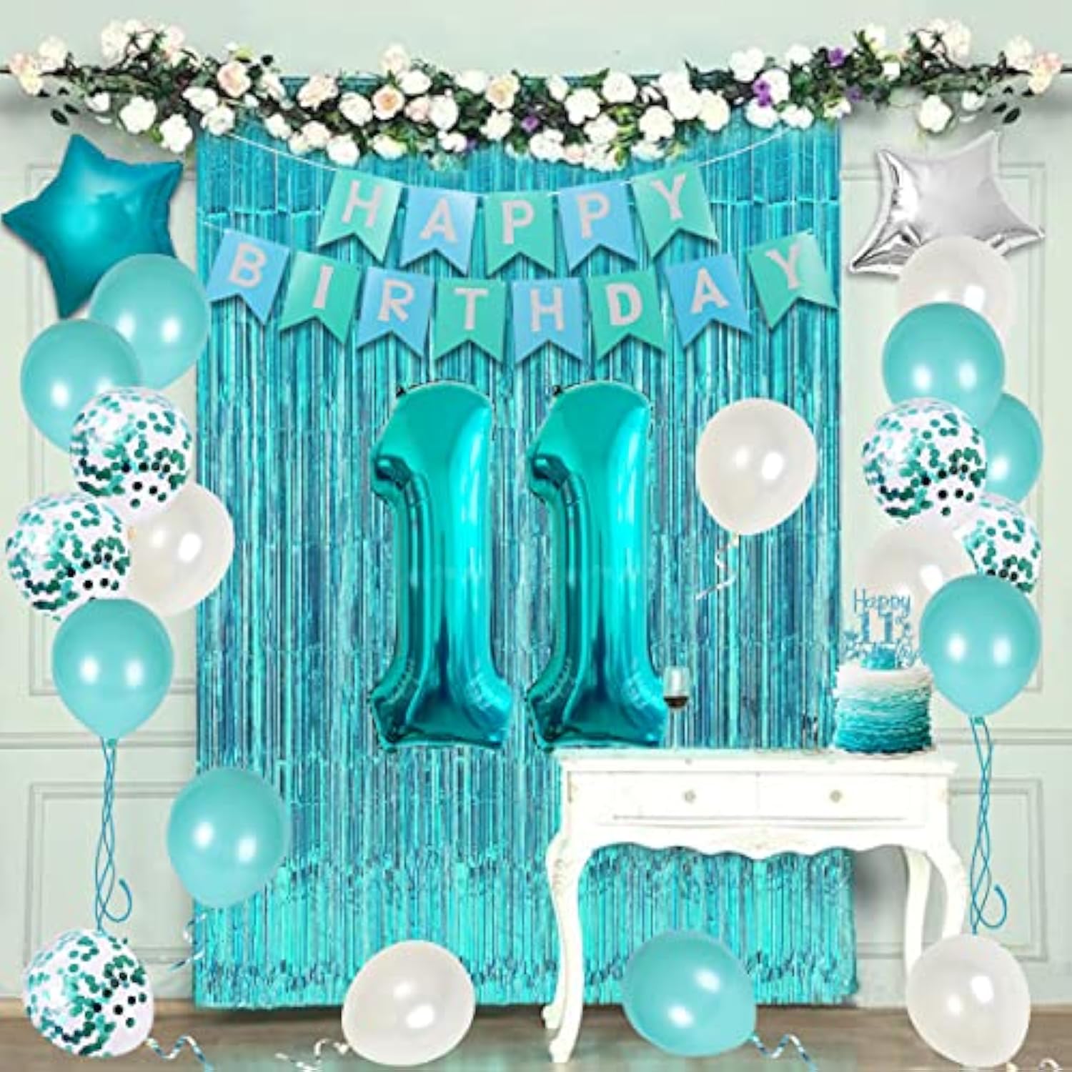 Teal 11th Birthday Decor Set Banner, Foil Balloons & Cake Topper