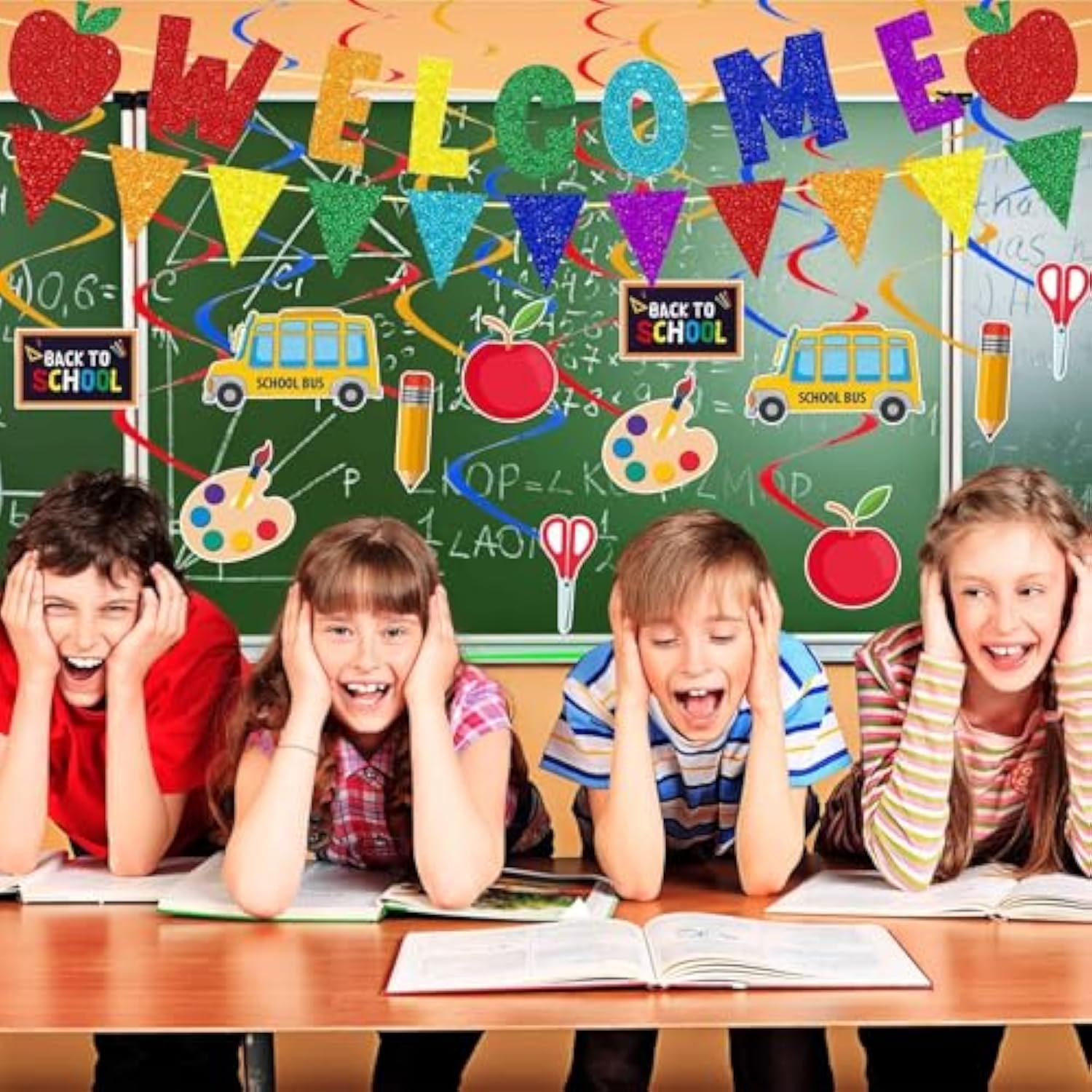 Glitter Back To School Decorations, Welcome Banner First Day Of School Decoration Back To School Hanging Banners Swirls For Teacher Classroom Kindergarten Preschool Party Supplies Favors