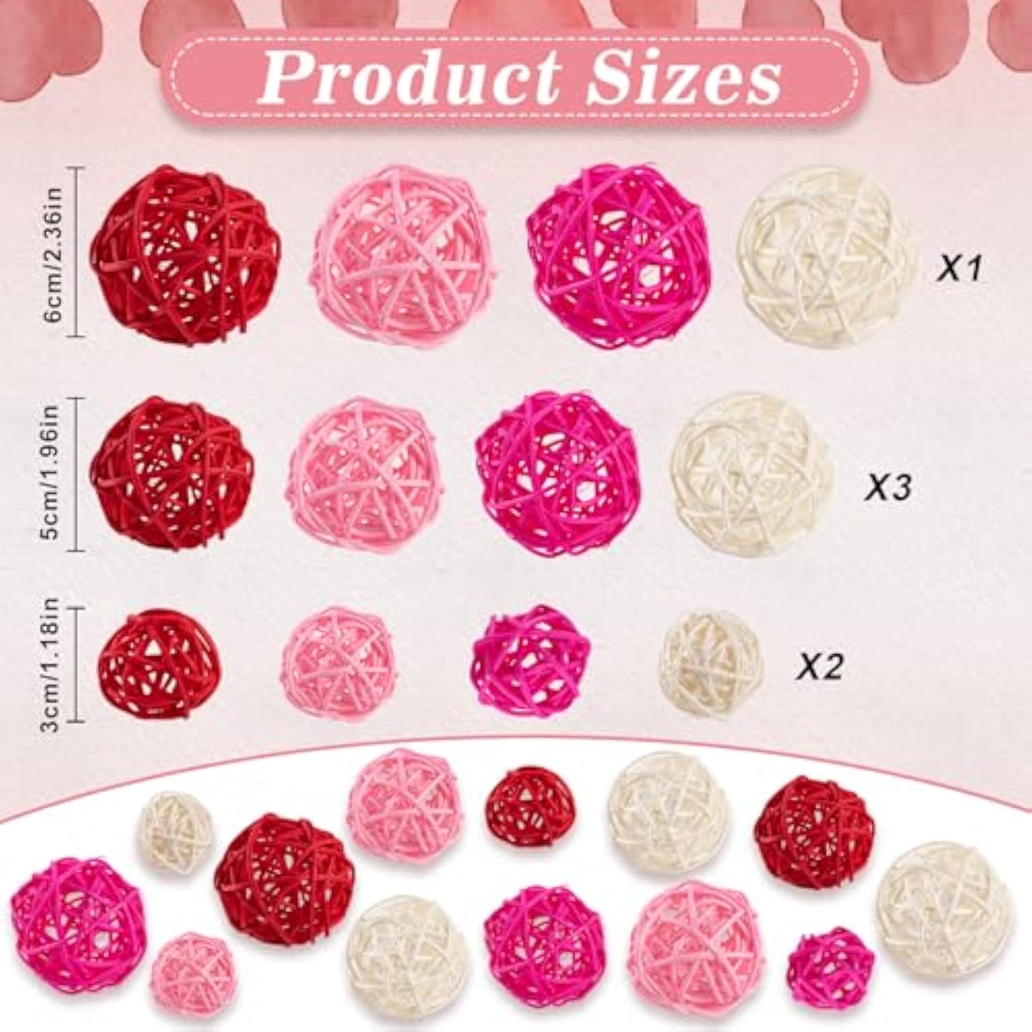 24Pcs Valentine'S Day Decorative Rattan Balls, Pink Red Grey Wicker Balls Decorations For Valentine'S Day Decor Centerpiece Diy Crafts Vase Bowl Orbs Filler Wedding Home Decor, 1.2"/2"/2.4"