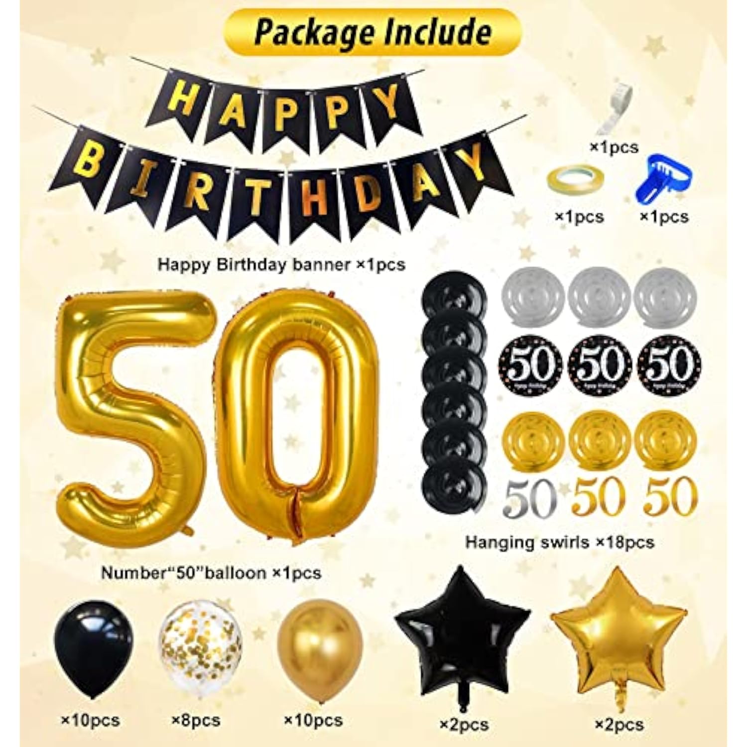 50Th Birthday Decorations For Men Women, Over The Hill Party Supplies 50Th Balloons Happy Birthday Banner Hanging Swirls For 50Th Anniversary Decorations Black And Gold Party Decor